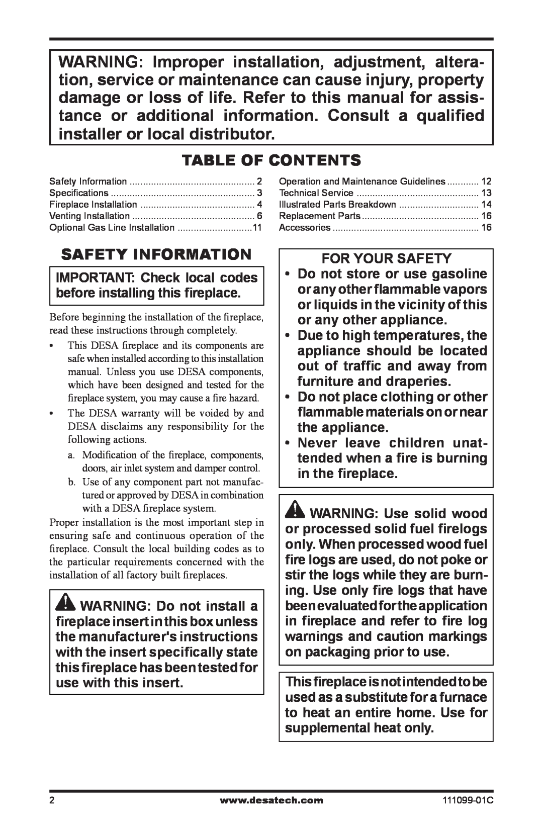 Desa S42RH, VS42(1), VS42H(1) installation manual Table Of Contents, Safety Information 