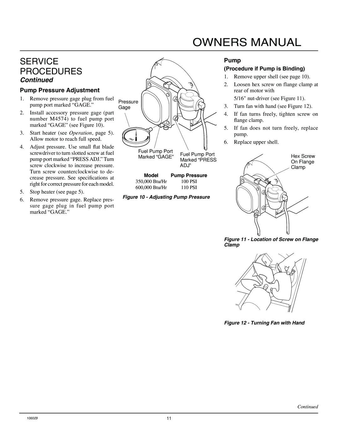 Desa SB350D, SB600D owner manual Pump Pressure Adjustment, Procedure if Pump is Binding 