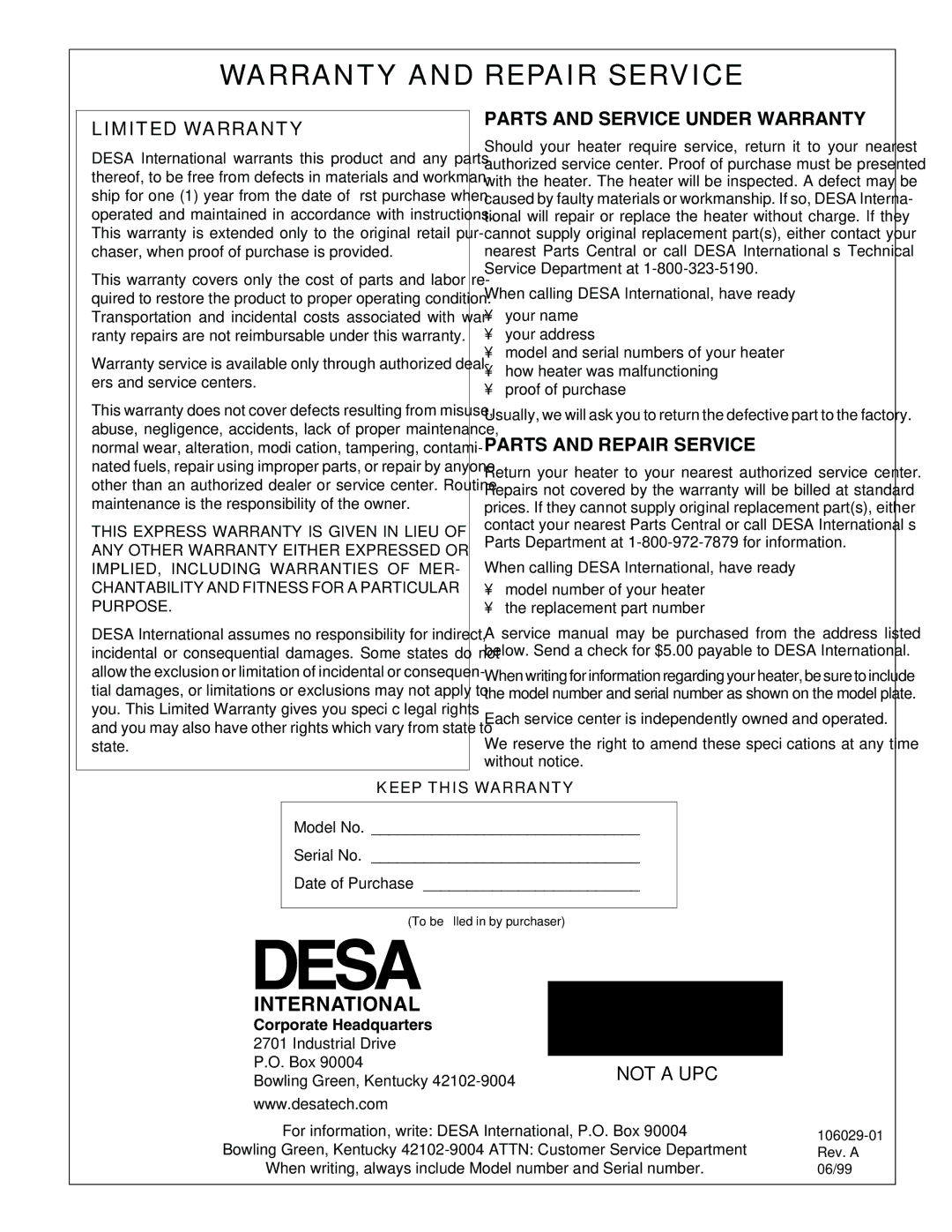 Desa SB600D, SB350D owner manual Warranty and Repair Service, Corporate Headquarters 