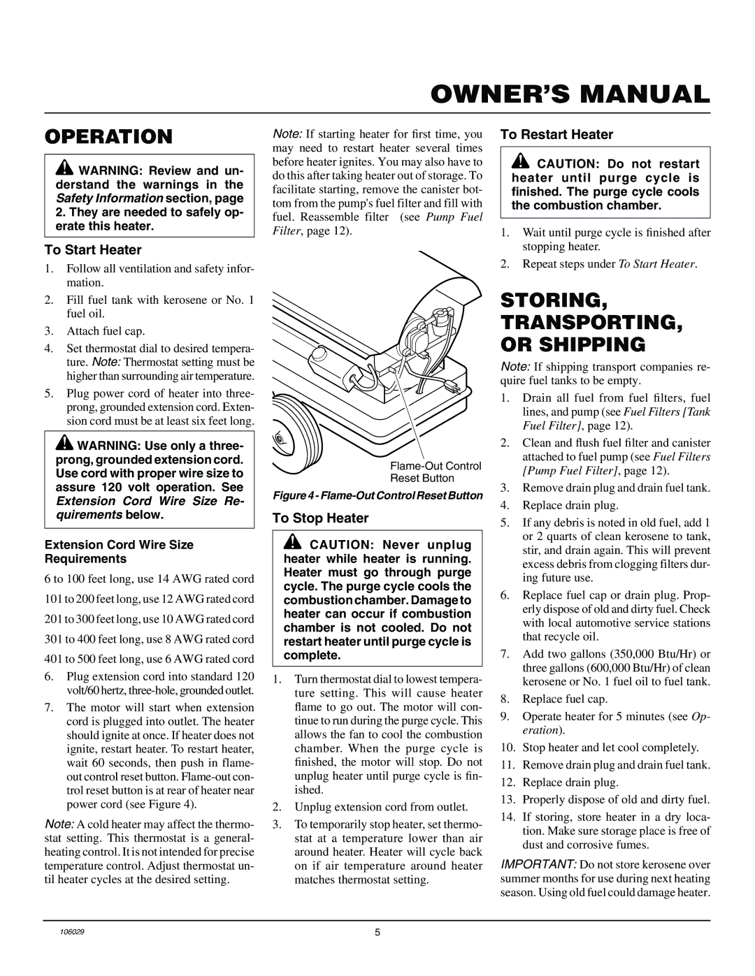 Desa SB350D, SB600D owner manual Storing TRANSPORTING, or Shipping, To Start Heater, To Stop Heater, To Restart Heater 