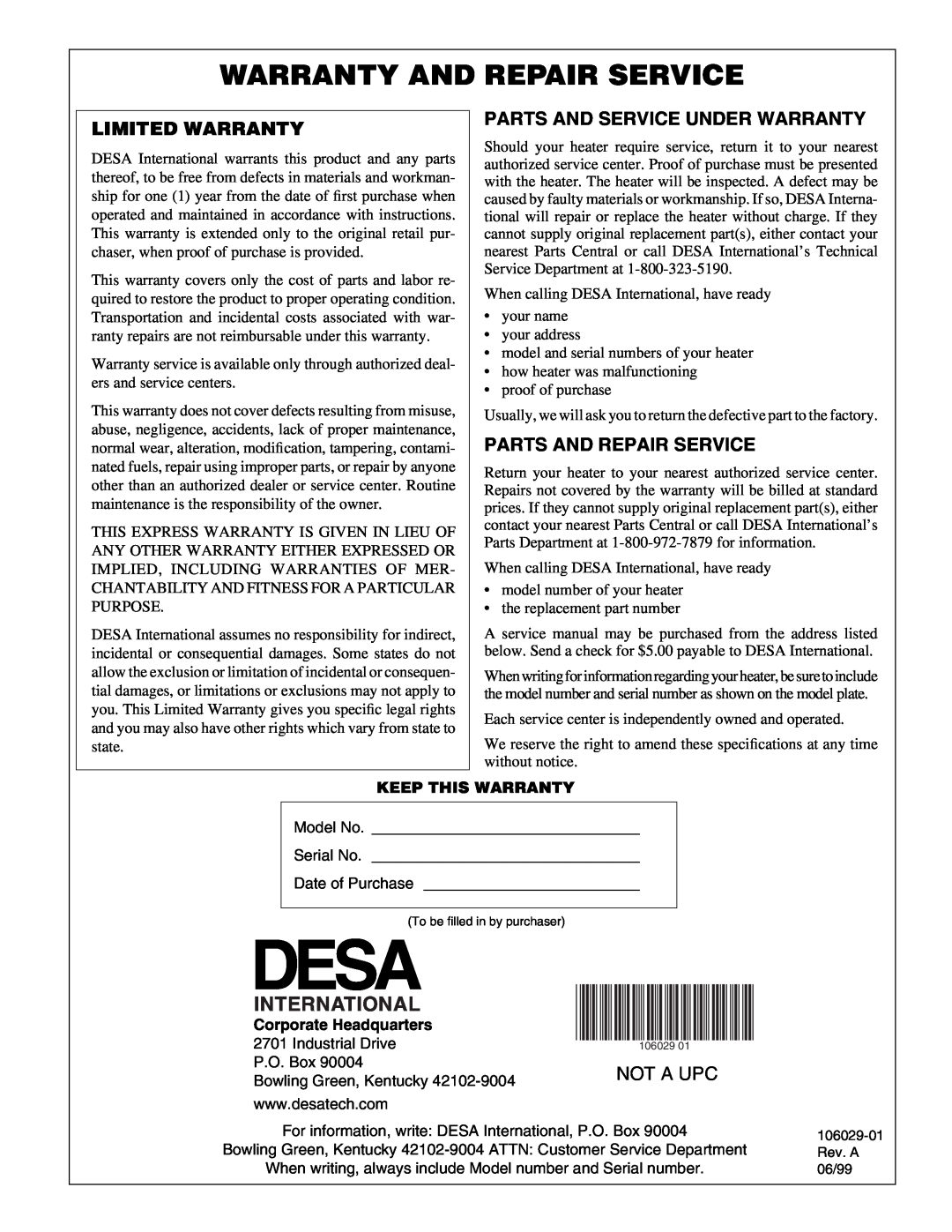 Desa SB600D Limited Warranty, Parts And Service Under Warranty, Parts And Repair Service, Warranty And Repair Service 