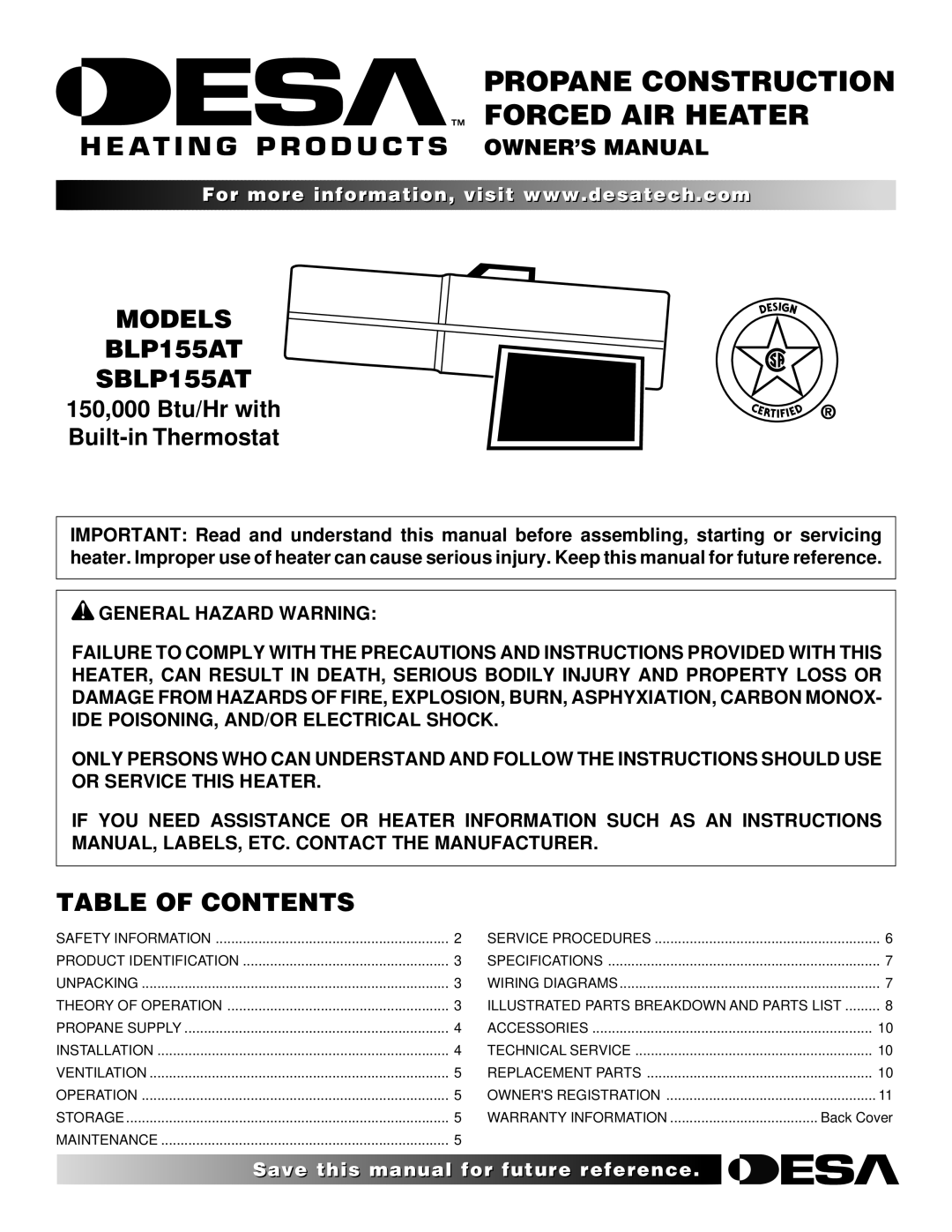 Desa owner manual Models BLP155AT SBLP155AT, Table of Contents 