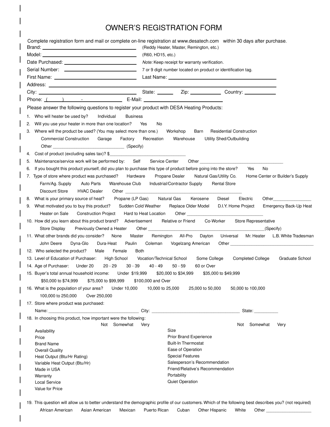 Desa SBLP155AT owner manual Owners Registration Form 