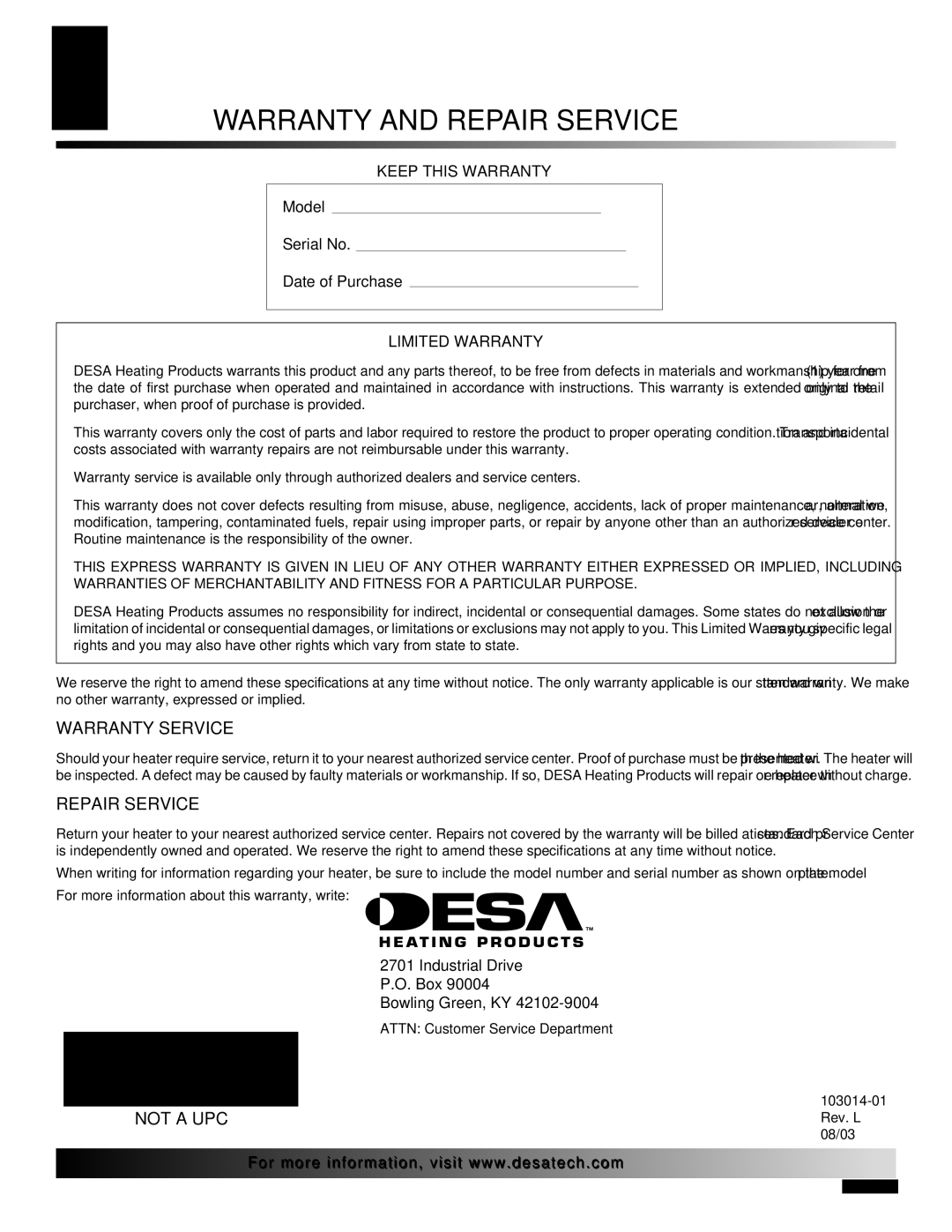 Desa SBLP155AT owner manual Warranty and Repair Service 