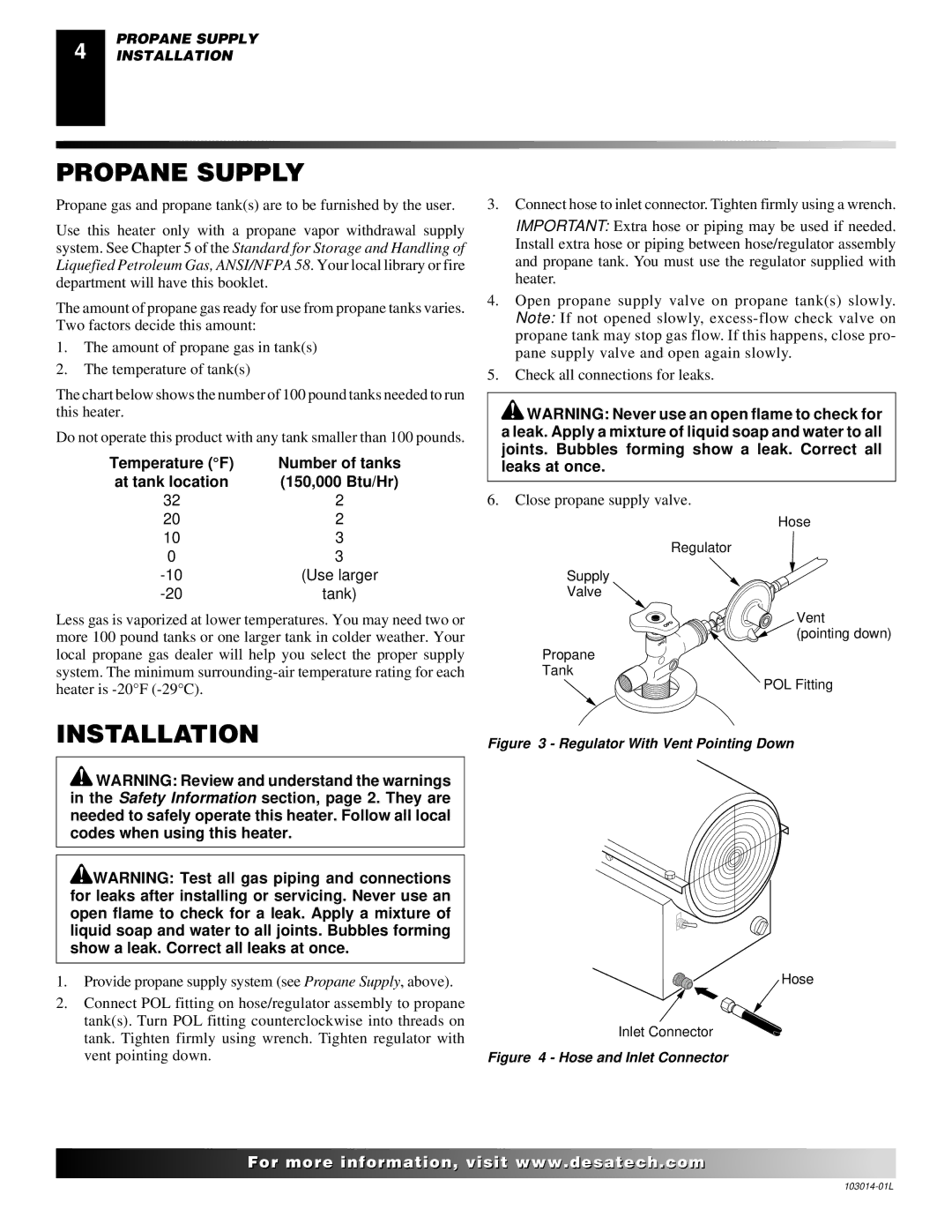 Desa SBLP155AT owner manual Propane Supply, Installation 