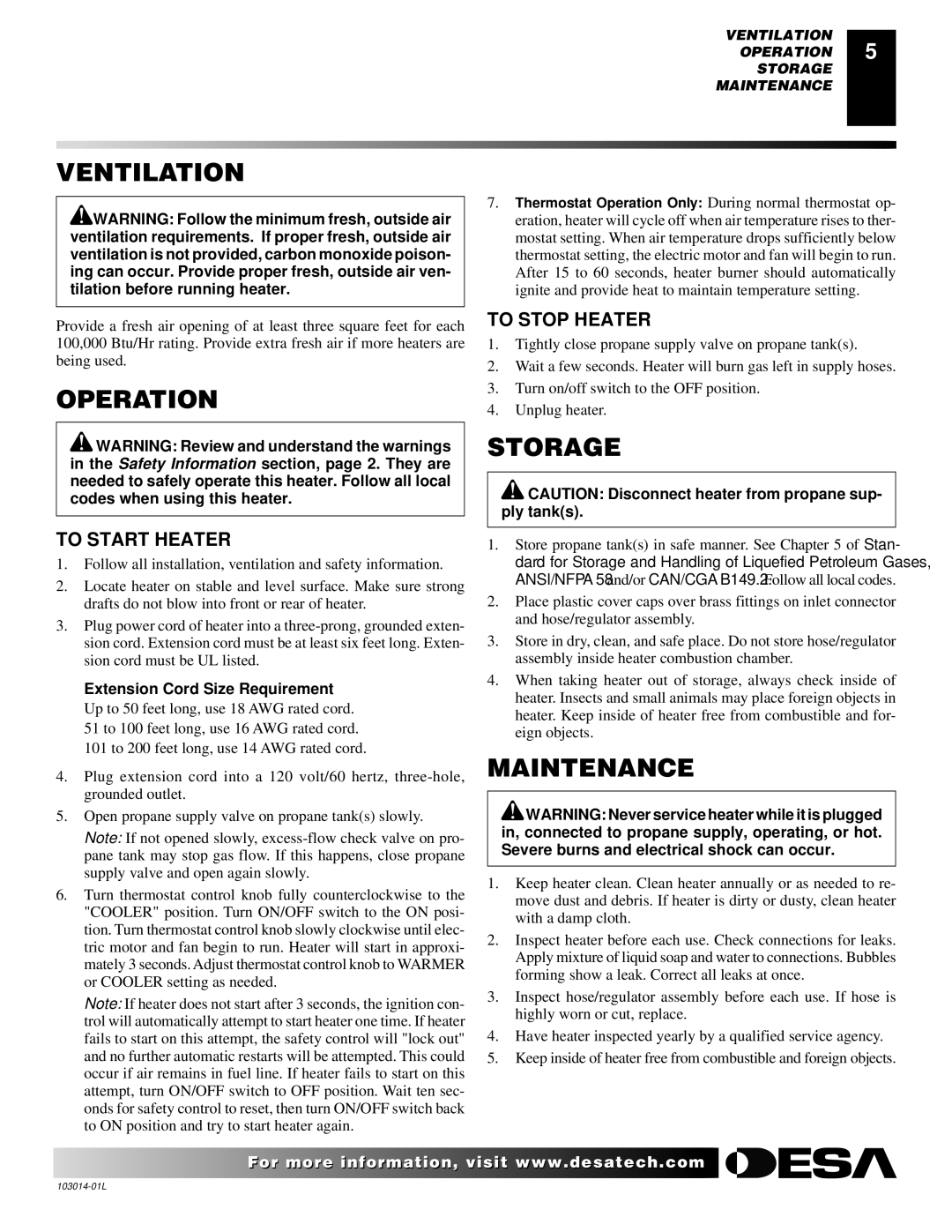 Desa SBLP155AT owner manual Ventilation, Operation, Storage, Maintenance 