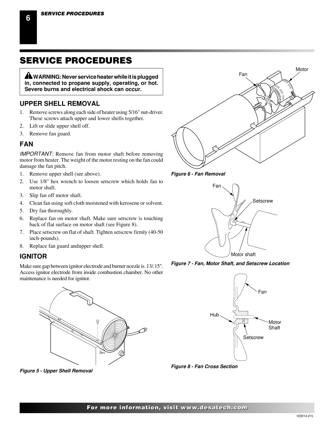 Desa SBLP155AT owner manual Service Procedures, Upper Shell Removal, Fan, Ignitor 