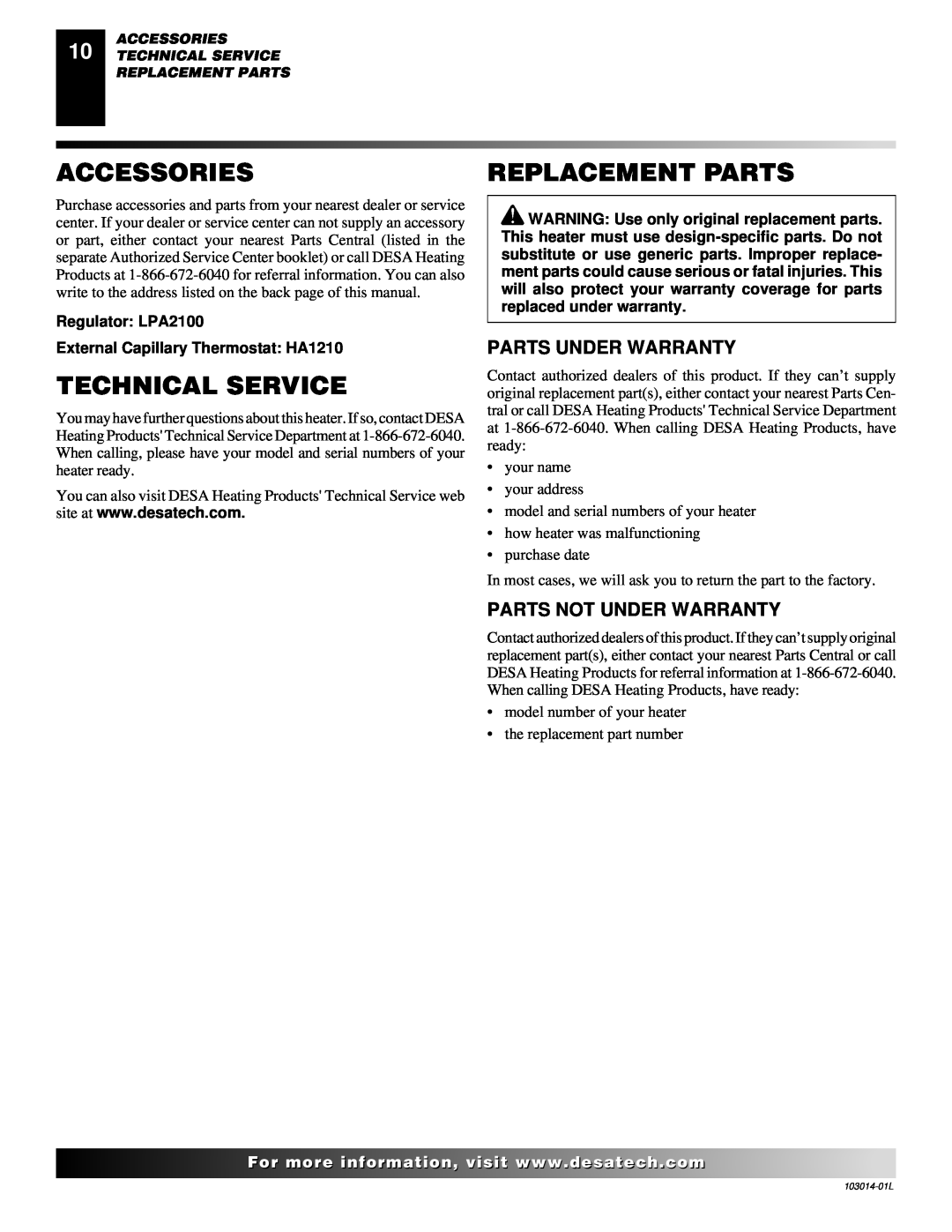 Desa SBLP155AT Accessories, Replacement Parts, Technical Service, Regulator LPA2100, External Capillary Thermostat HA1210 