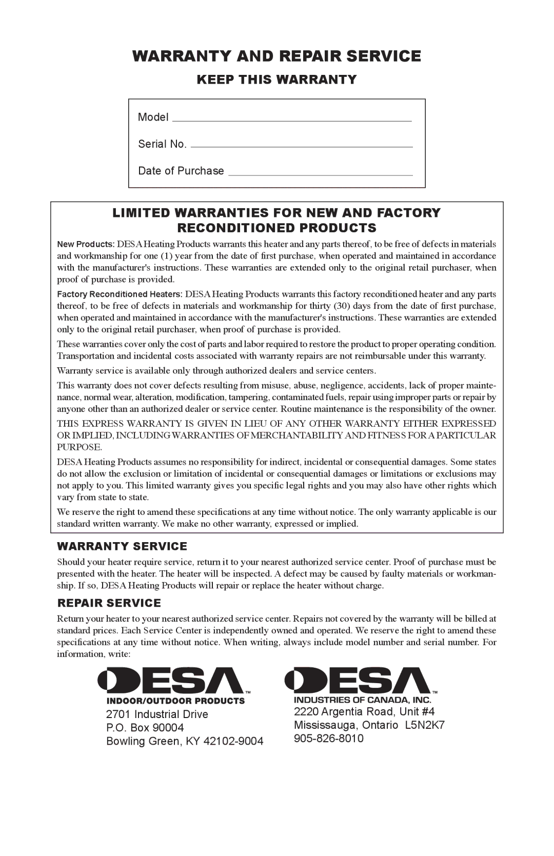 Desa SBLP375AT, 375-F owner manual Warranty and Repair Service, Keep this Warranty 