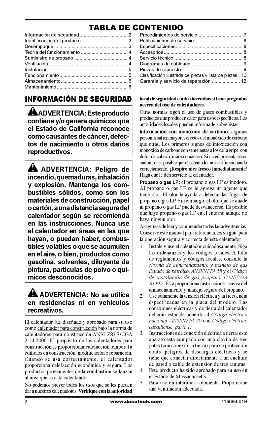 Desa SBLP375AT, 375-F owner manual Tabla DE Contenido, Información DE Seguridad 