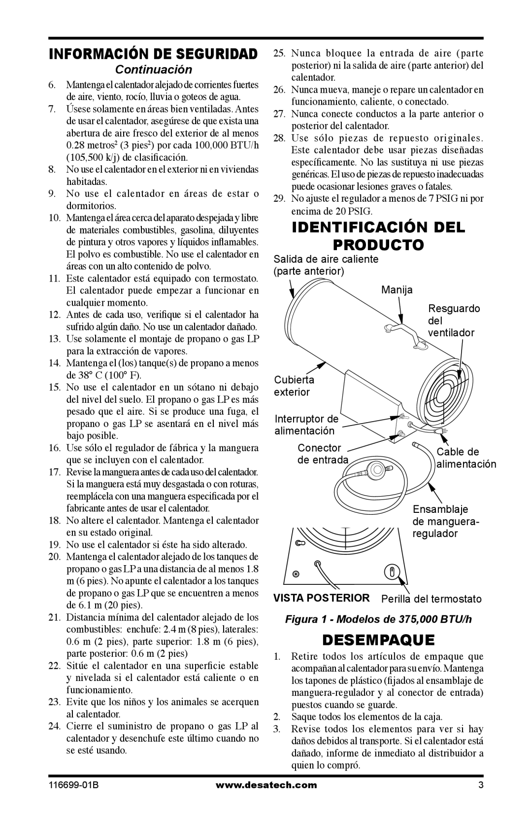 Desa 375-F, SBLP375AT owner manual Identificación DEL Producto, Desempaque, Saque todos los elementos de la caja 