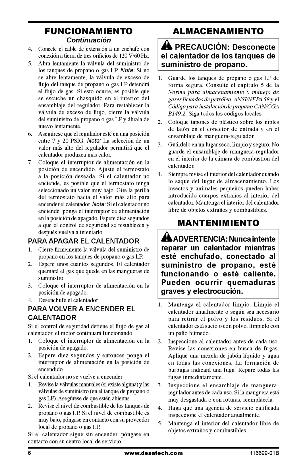 Desa SBLP375AT, 375-F Almacenamiento, Mantenimiento, Para Apagar EL Calentador, Para Volver a Encender EL Calentador 