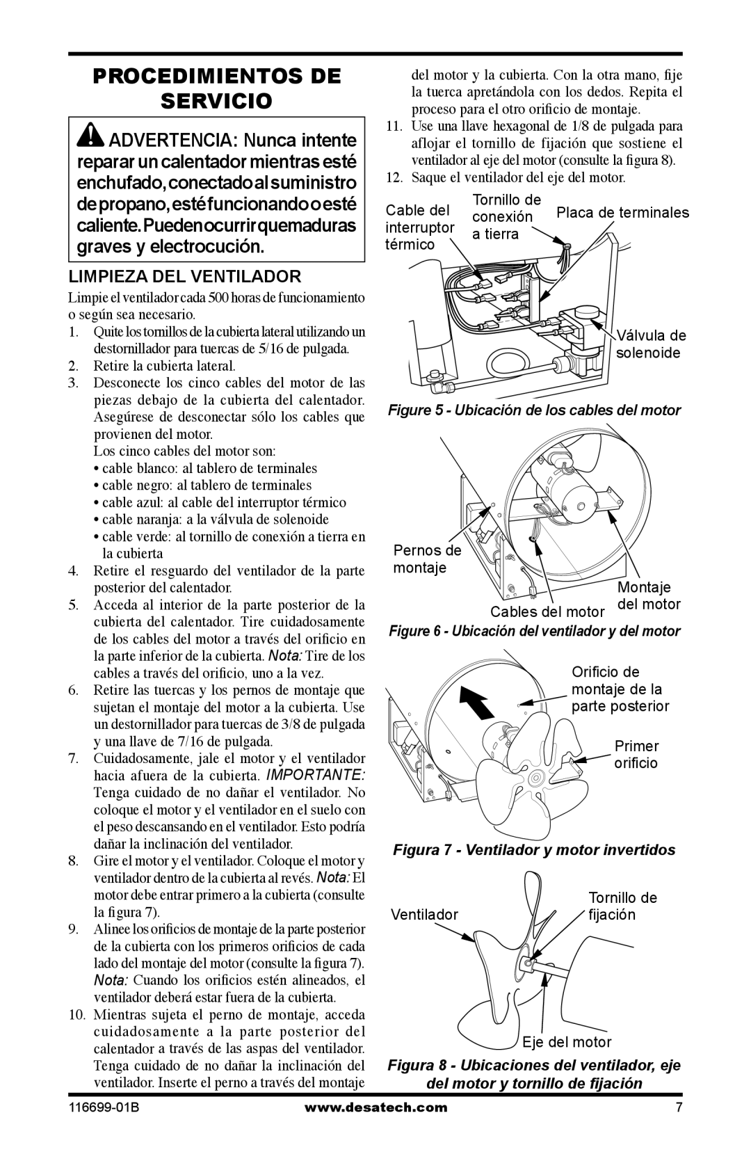 Desa 375-F, SBLP375AT Procedimientos DE Servicio, Limpieza DEL Ventilador, Saque el ventilador del eje del motor 