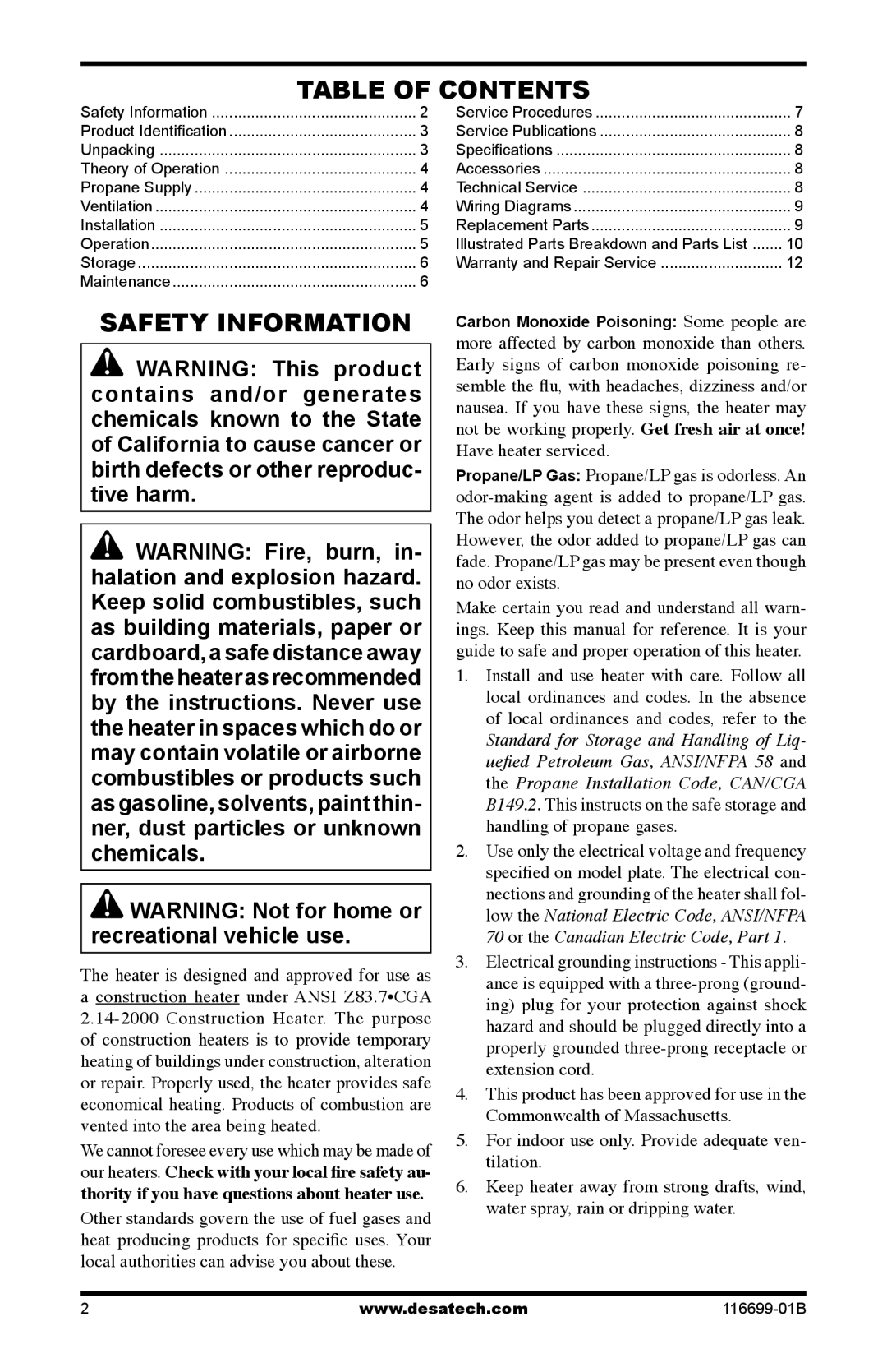 Desa SBLP375AT, 375-F owner manual Table of Contents, Safety Information 