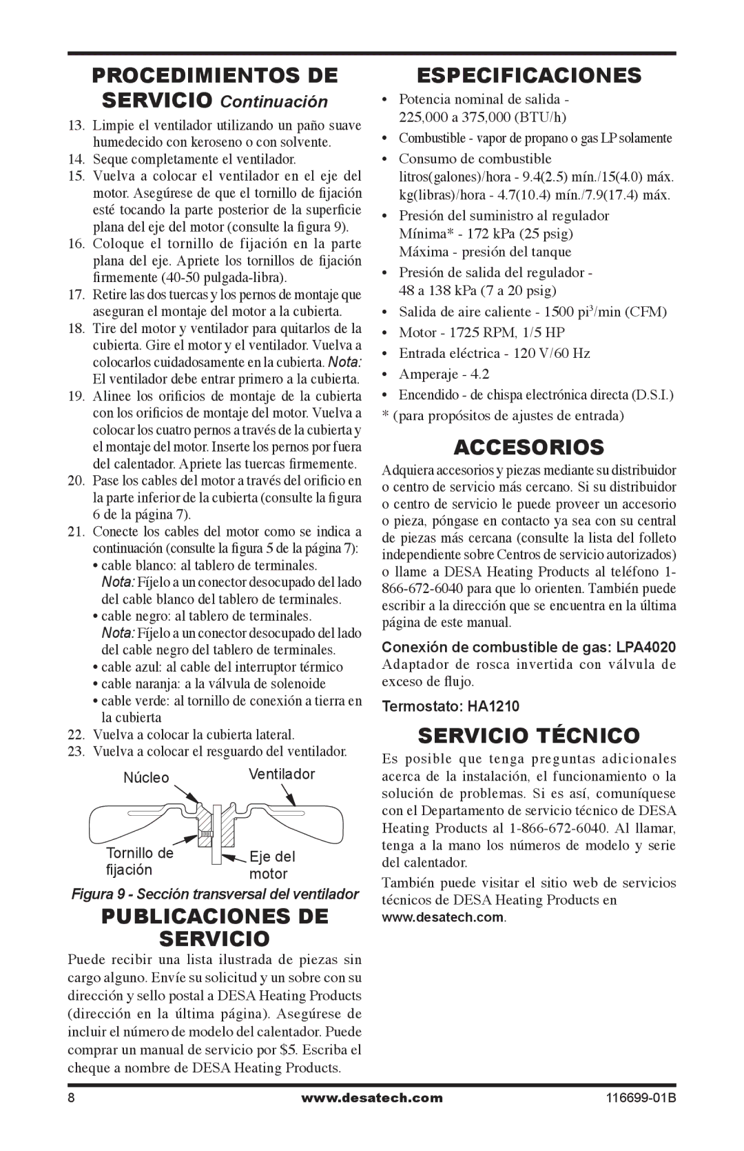 Desa SBLP375AT, 375-F owner manual Procedimientos DE, Especificaciones, Accesorios, Servicio Técnico 