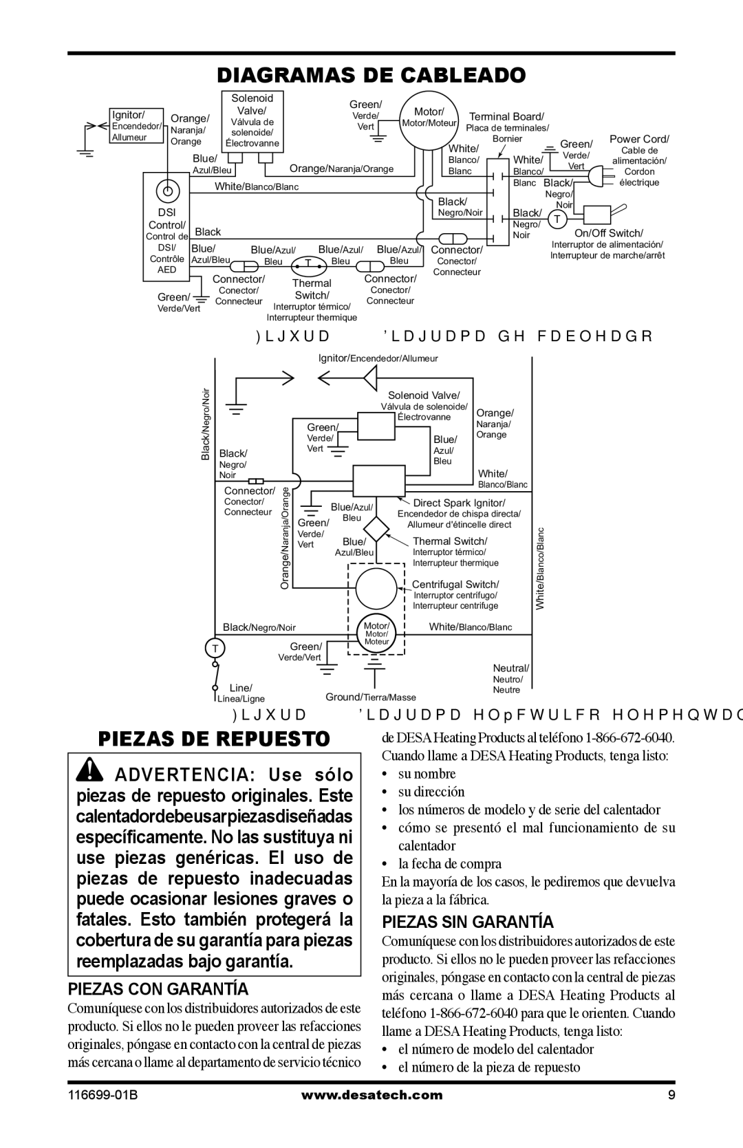 Desa 375-F, SBLP375AT owner manual Diagramas DE Cableado, Piezas DE Repuesto, Piezas CON Garantía, Piezas SIN Garantía 