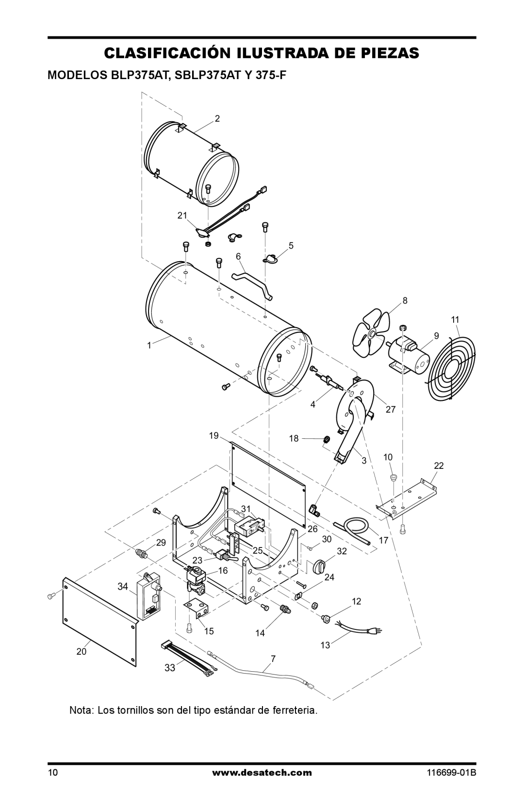 Desa owner manual Clasificación Ilustrada DE Piezas, Modelos BLP375AT, SBLP375AT Y 375-F 