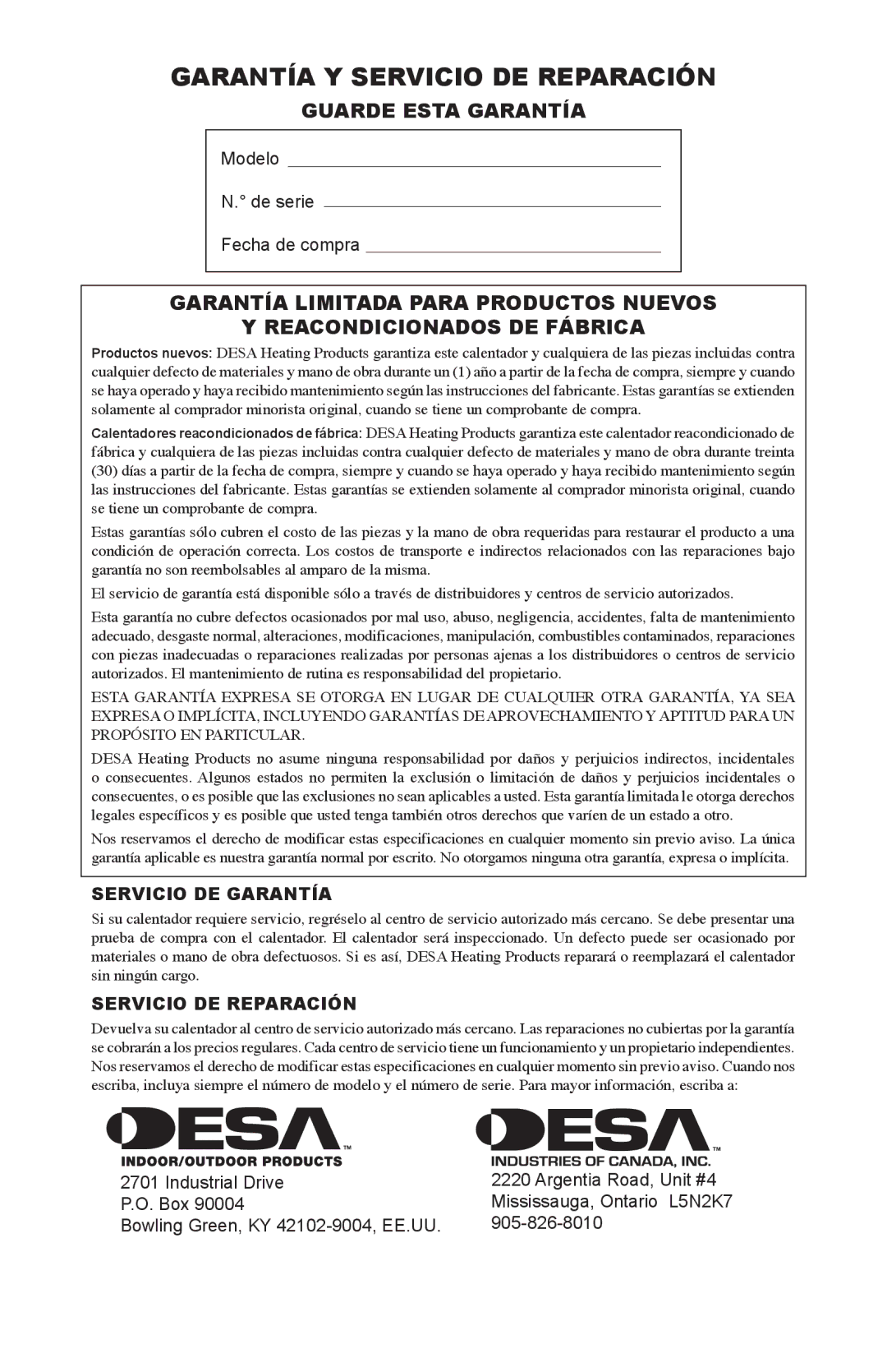 Desa SBLP375AT, 375-F owner manual Garantía Y Servicio DE Reparación, Guarde Esta Garantía 