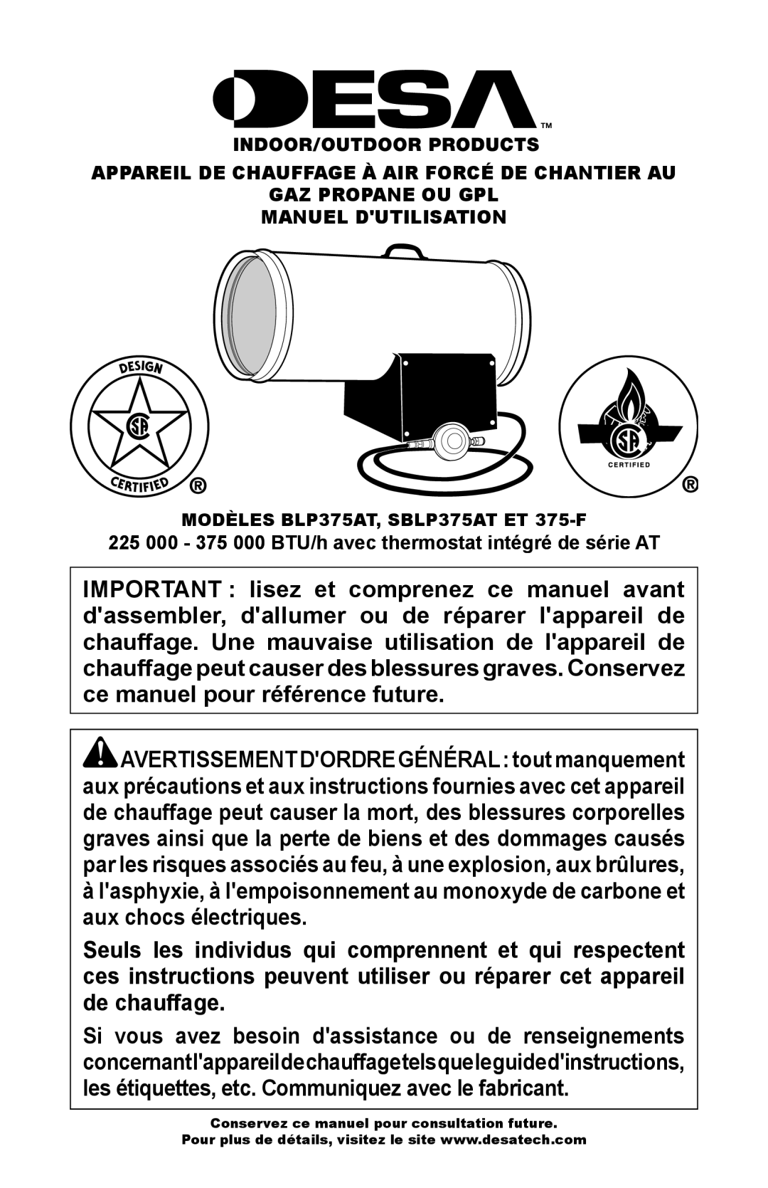 Desa owner manual Modèles BLP375AT, SBLP375AT ET 375-F 