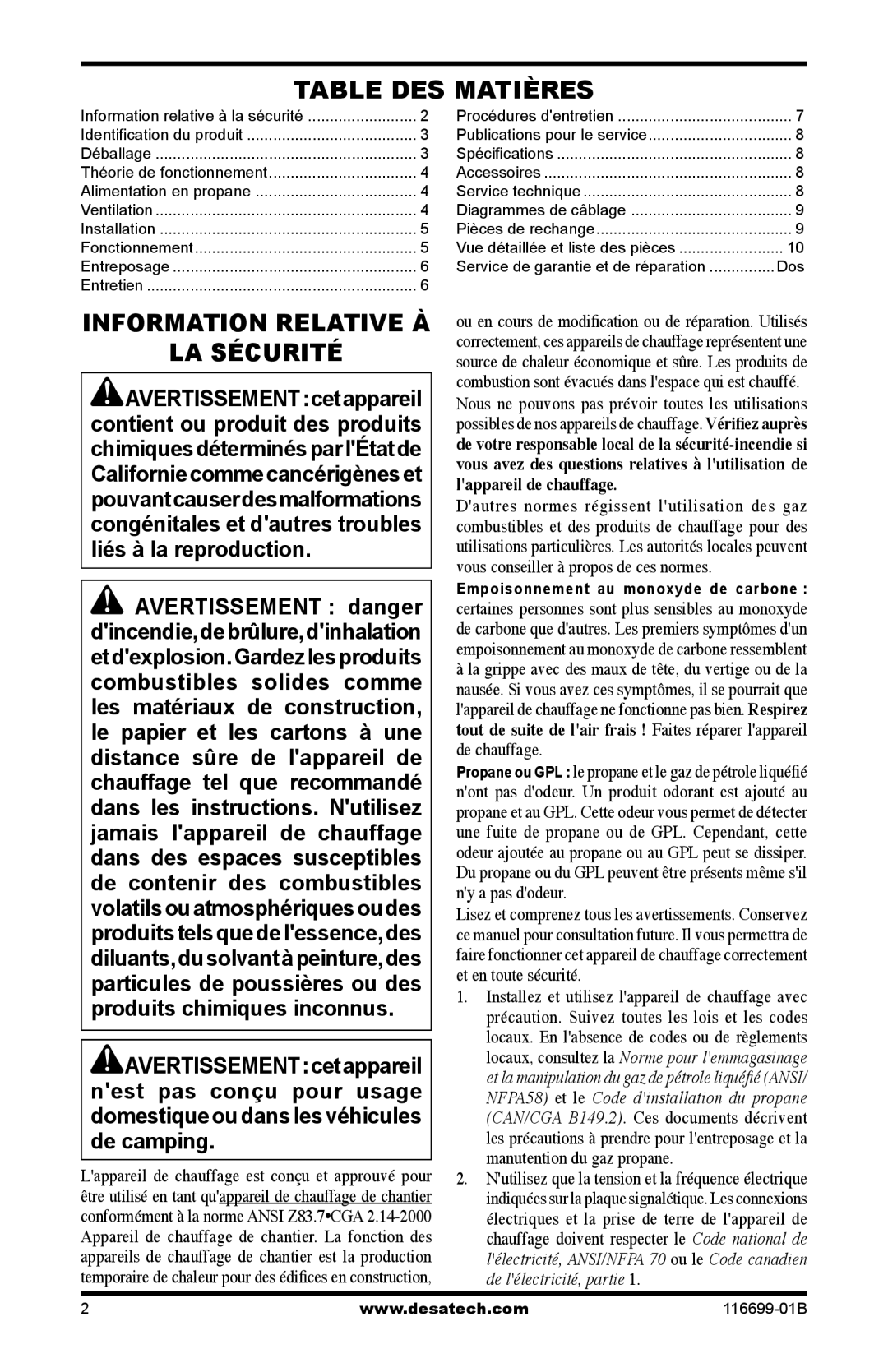 Desa SBLP375AT, 375-F owner manual Table DES Matières, LA Sécurité 