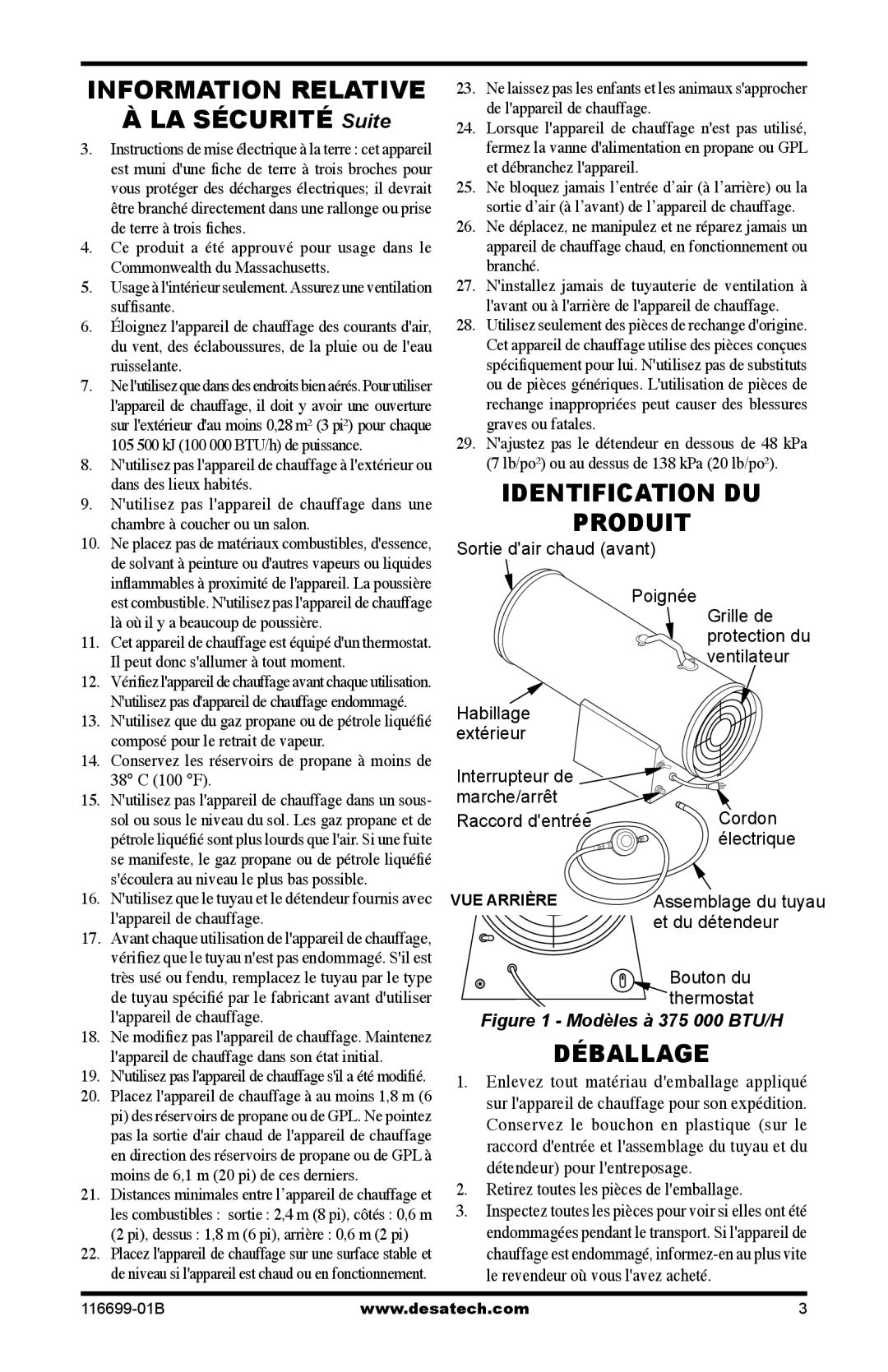 Desa 375-F, SBLP375AT Information Relative, Identification DU Produit, Déballage, Retirez toutes les pièces de lemballage 