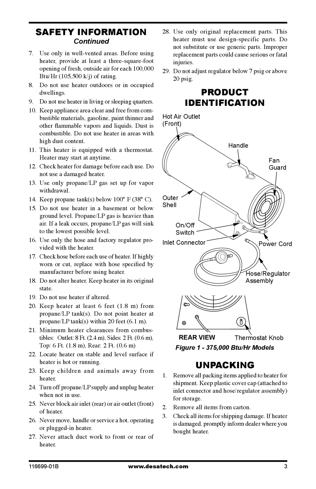 Desa 375-F, SBLP375AT owner manual Product Identification, Unpacking, Do not use heater outdoors or in occupied dwellings 