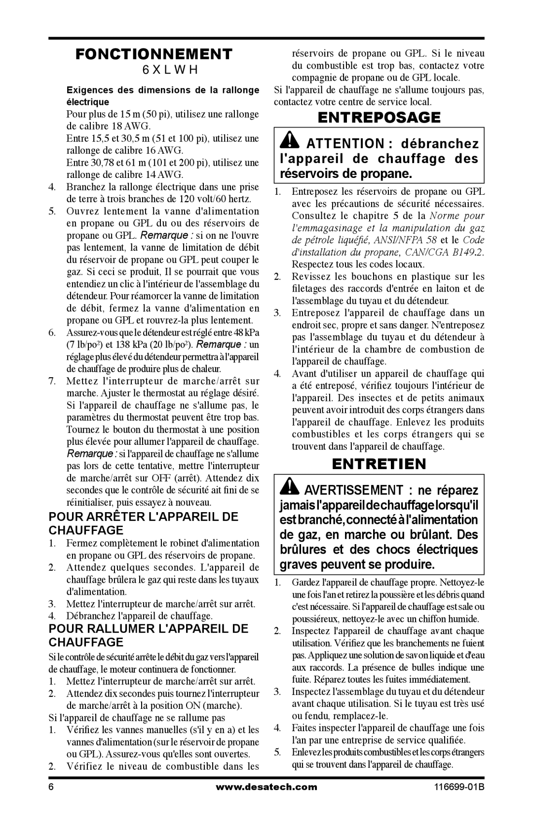 Desa SBLP375AT, 375-F Entreposage, Entretien, Pour Arrêter Lappareil DE Chauffage, Pour Rallumer Lappareil DE Chauffage 