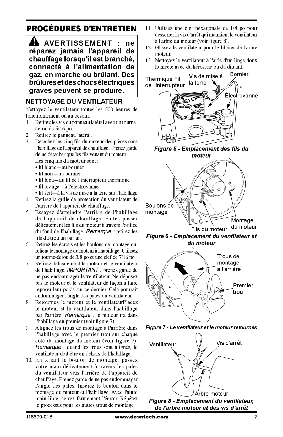 Desa 375-F, SBLP375AT owner manual Nettoyage DU Ventilateur, Glissez le ventilateur pour le libérer de larbre moteur 