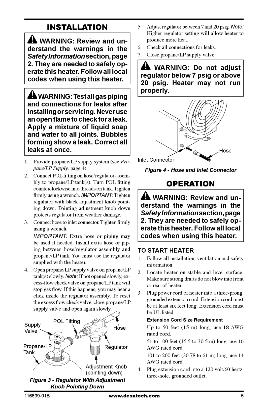 Desa 375-F, SBLP375AT Installation, Operation, To Start Heater, Provide propane/LP supply system see Pro- pane/LP Supply 