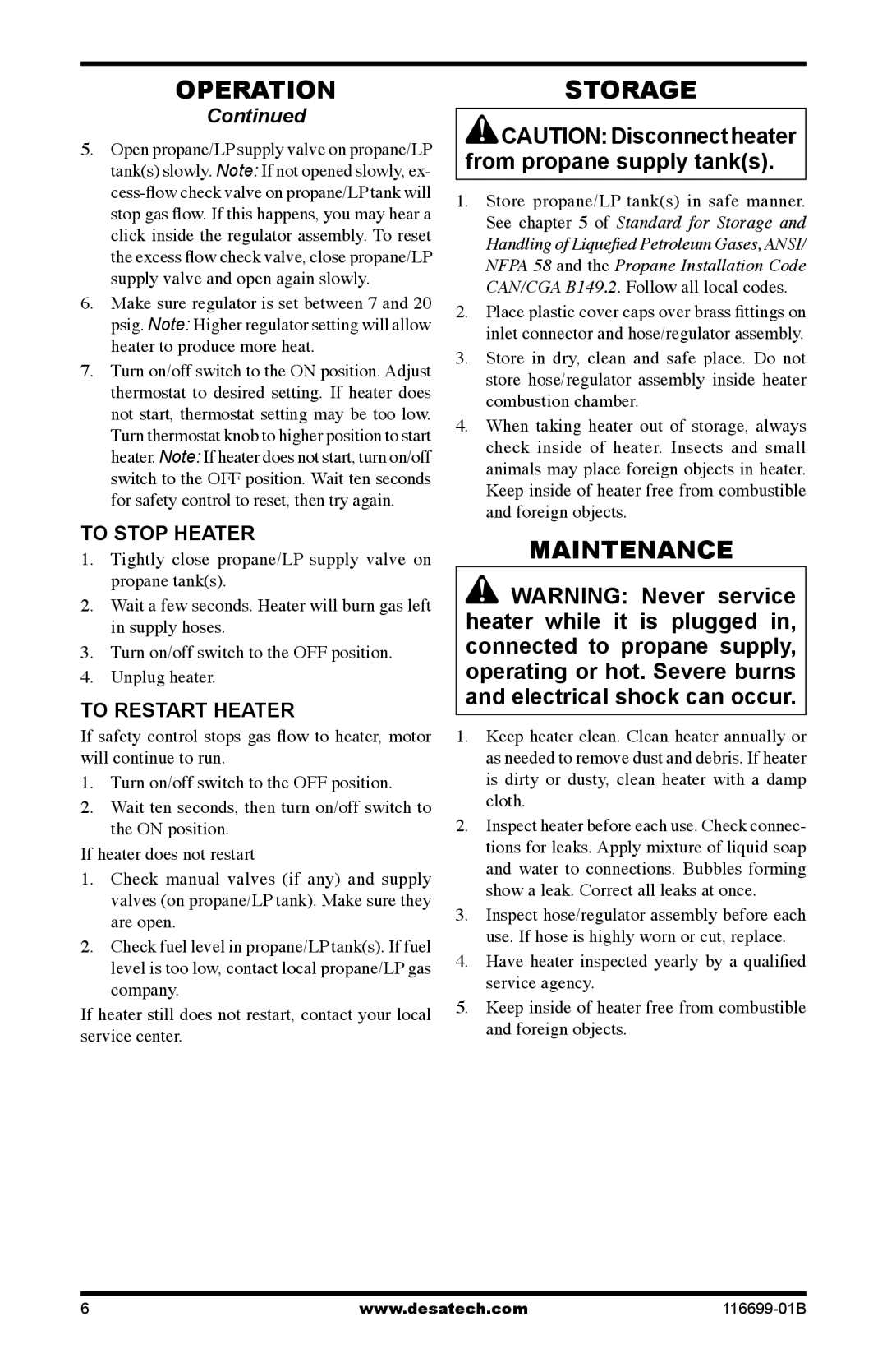 Desa SBLP375AT, 375-F owner manual Storage, Maintenance, To Stop Heater, To Restart Heater 