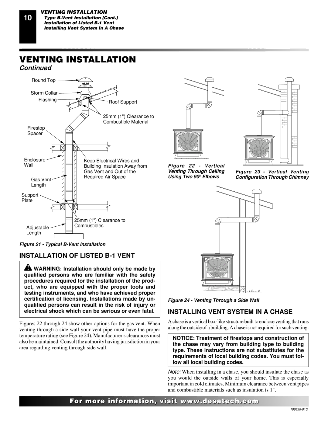 Desa SBVBN(C), SBVBP(C) installation manual Installation of Listed B-1 Vent, Installing Vent System in a Chase 