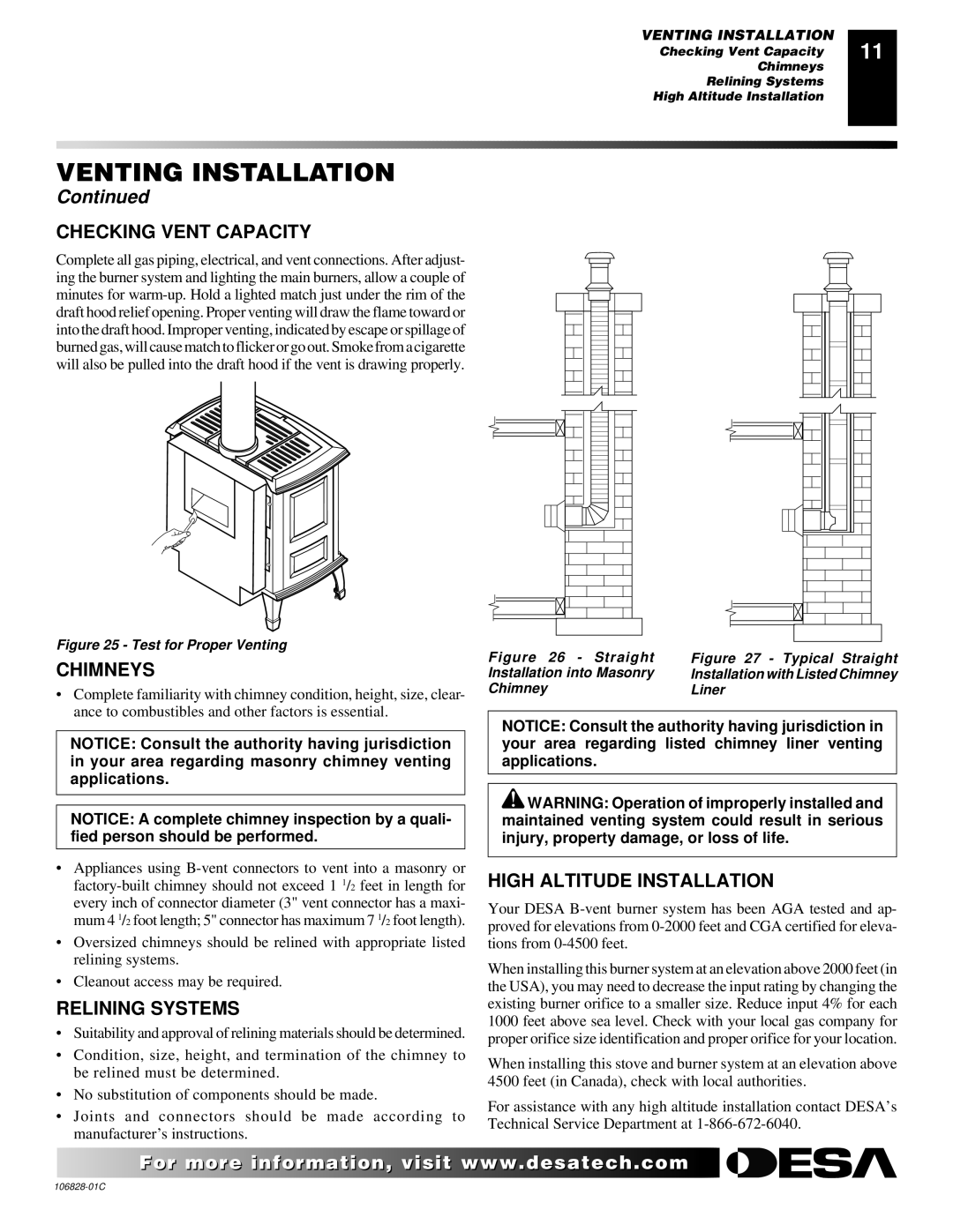 Desa SBVBP(C), SBVBN(C) installation manual Checking Vent Capacity, Chimneys, Relining Systems, High Altitude Installation 