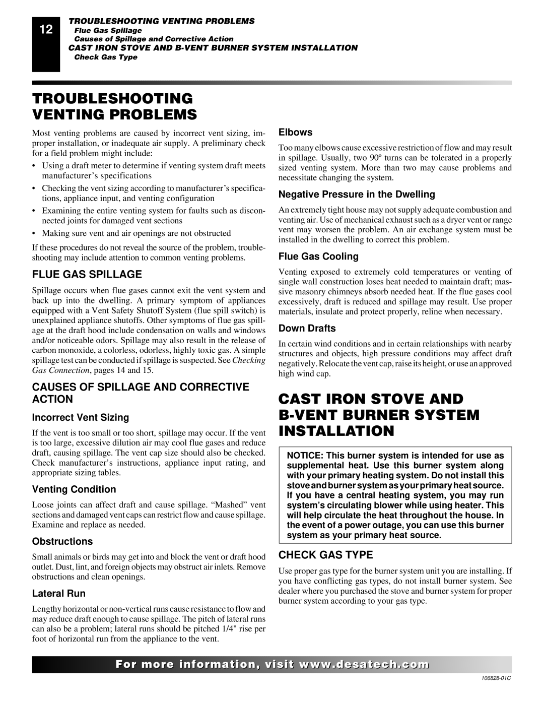 Desa SBVBN(C) Troubleshooting Venting Problems, Cast Iron Stove and B-VENT Burner System Installation, Flue GAS Spillage 