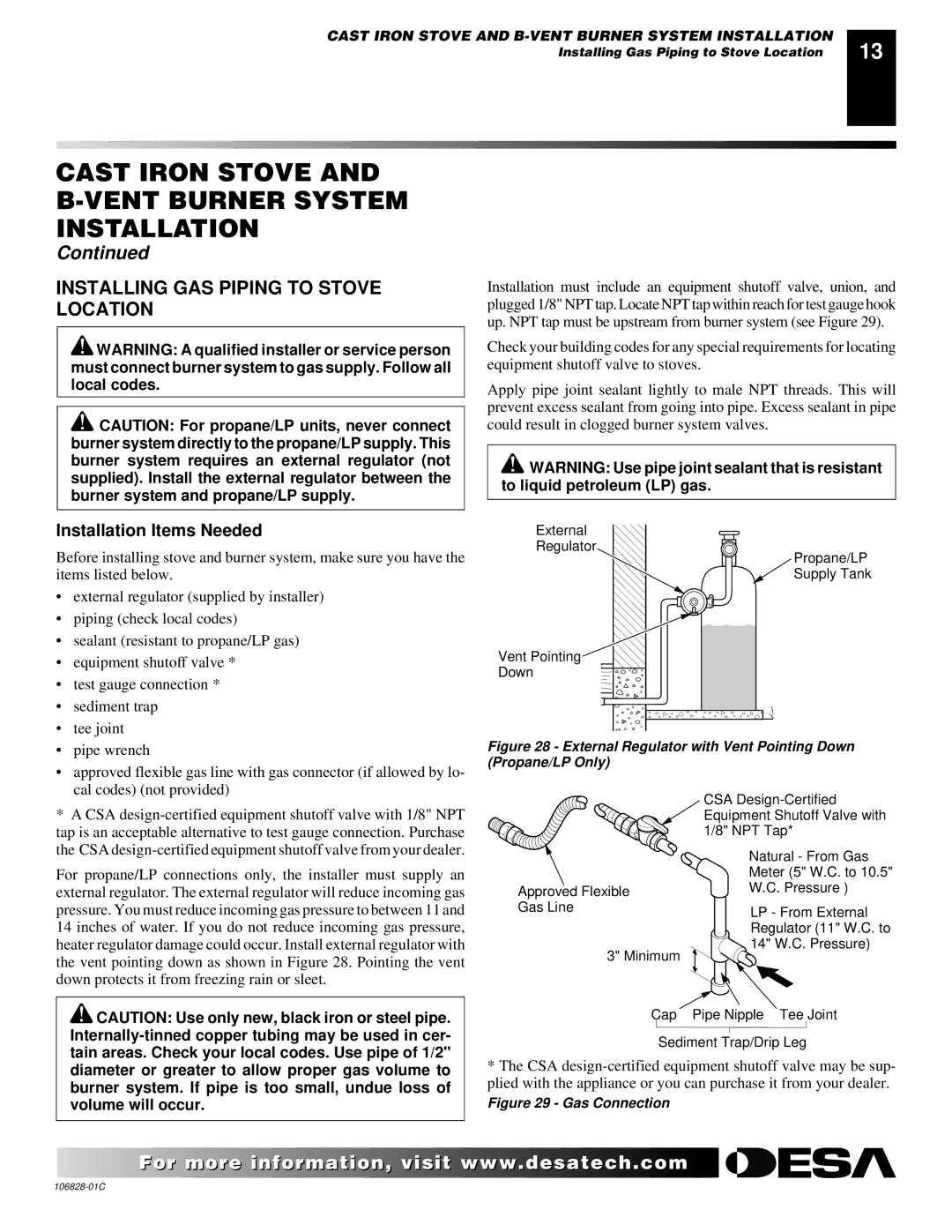 Desa SBVBP(C), SBVBN(C) installation manual Installing GAS Piping to Stove Location, Installation Items Needed 