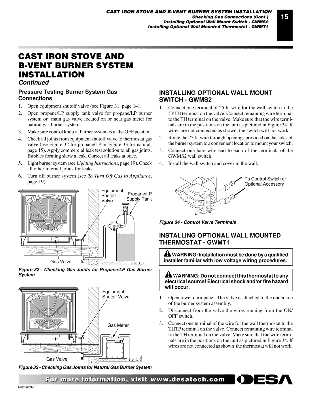 Desa SBVBP(C), SBVBN(C) Installing Optional Wall Mount Switch GWMS2, Installing Optional Wall Mounted Thermostat GWMT1 