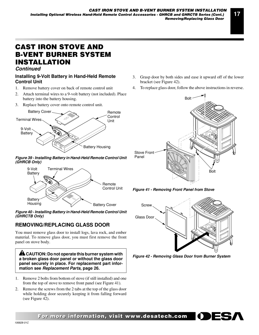 Desa SBVBP(C), SBVBN(C) REMOVING/REPLACING Glass Door, Installing 9-Volt Battery in Hand-Held Remote Control Unit 