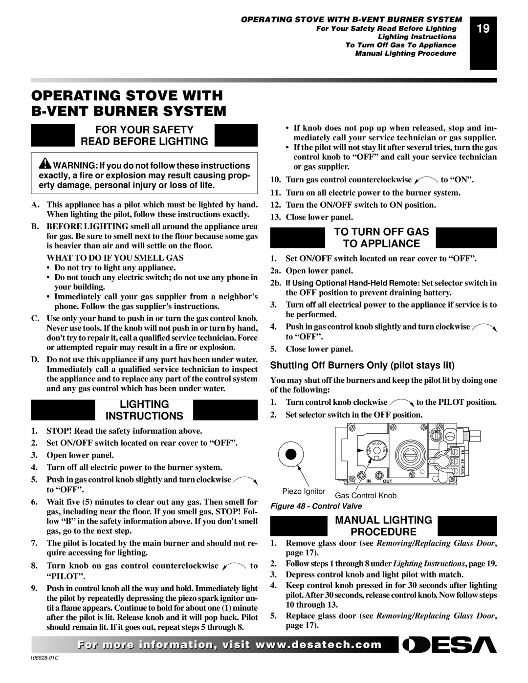 Desa SBVBP(C) Operating Stove with B-VENT Burner System, For Your Safety Read Before Lighting, Lighting Instructions 