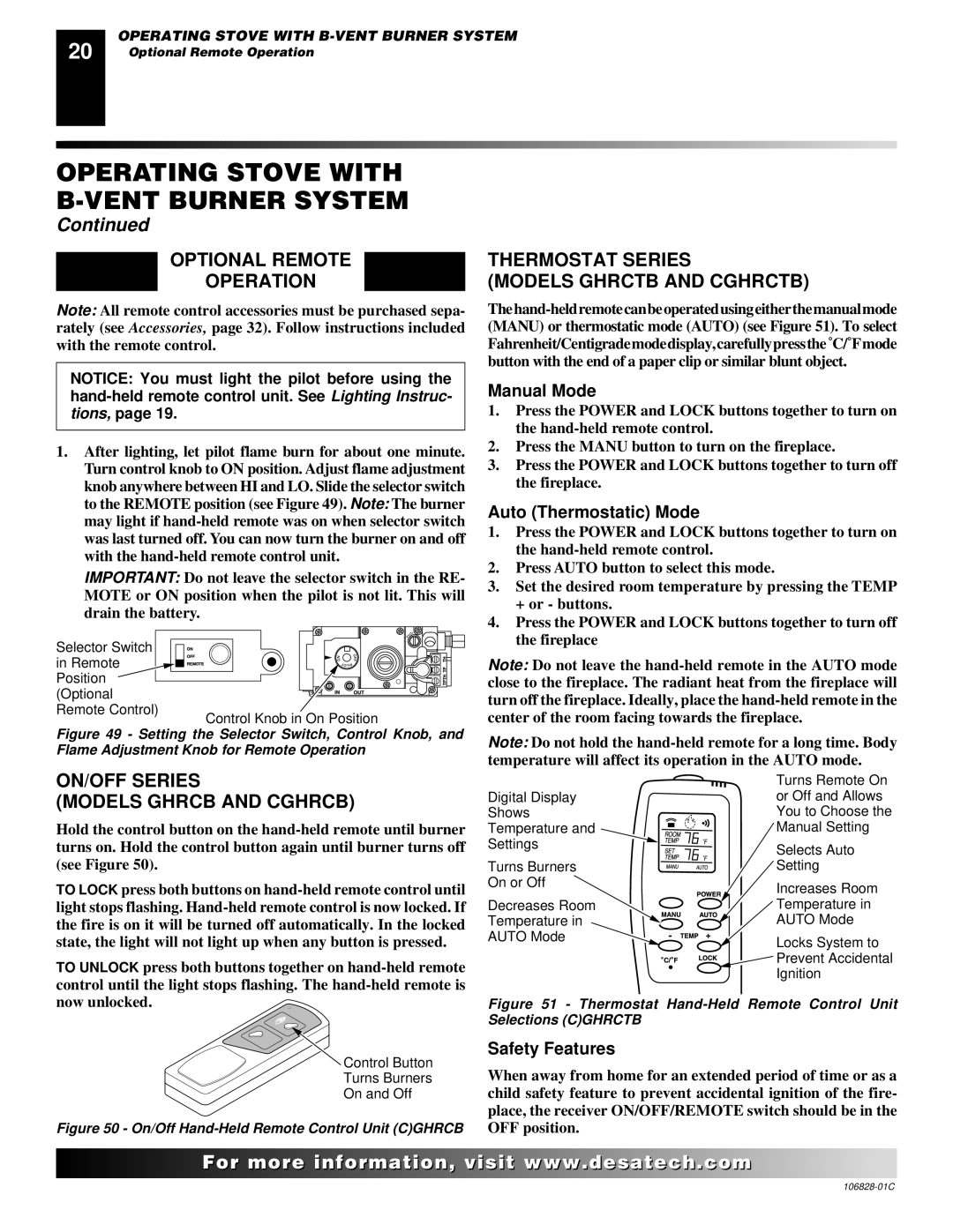 Desa SBVBN(C), SBVBP(C) Operating Stove with Vent Burner System, Optional Remote Thermostat Series Operation 