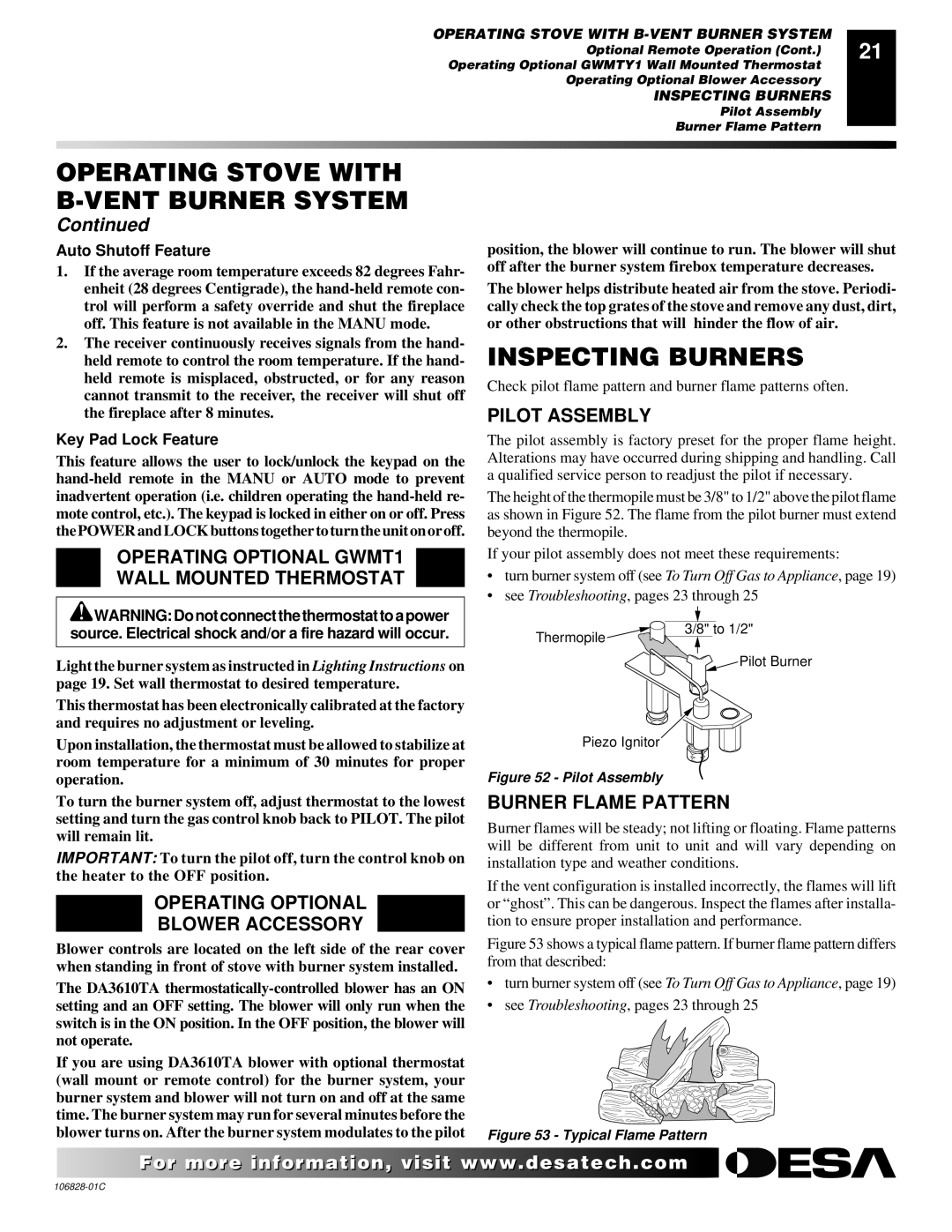 Desa SBVBP(C) Inspecting Burners, Operating Optional GWMT1 Wall Mounted Thermostat, Operating Optional Blower Accessory 