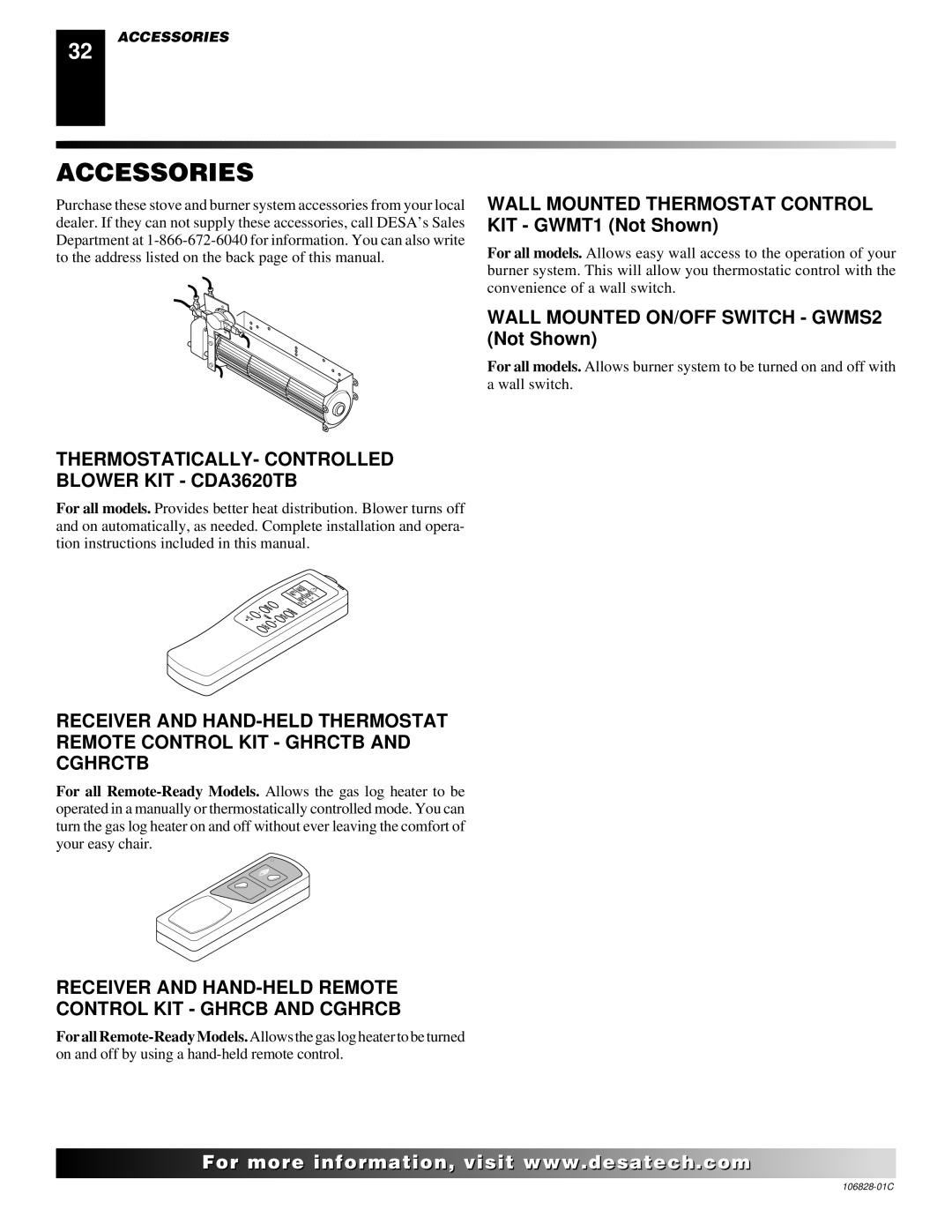 Desa SBVBN(C), SBVBP(C) installation manual Accessories, THERMOSTATICALLY- Controlled Blower KIT CDA3620TB 