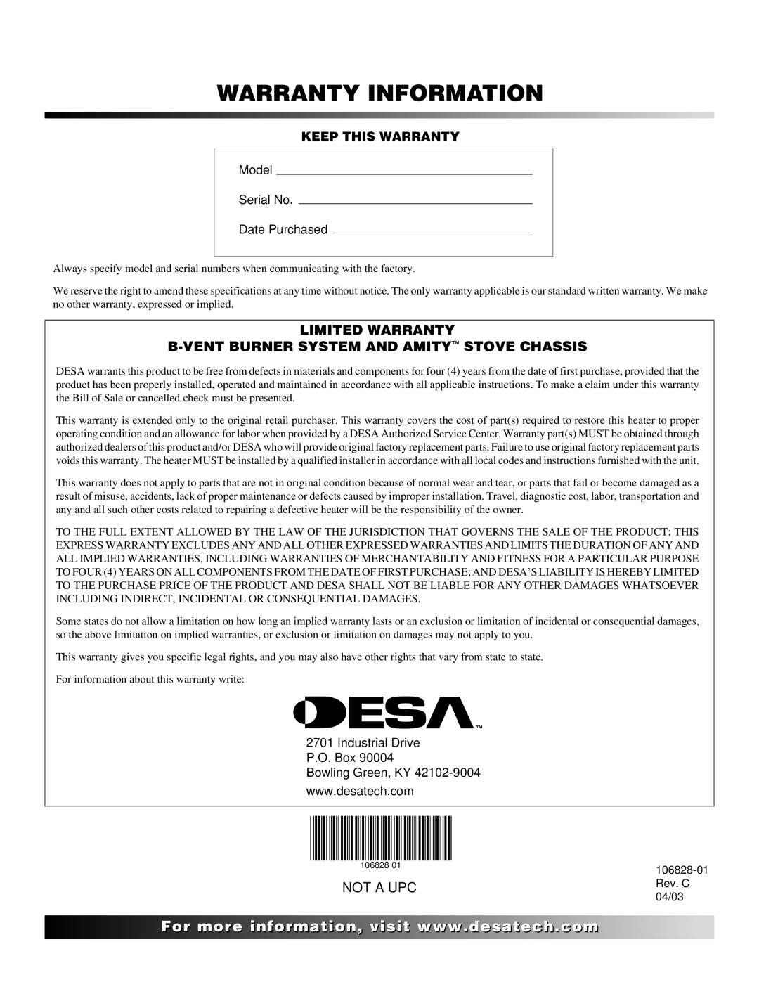 Desa SBVBN(C), SBVBP(C) installation manual Warranty Information 