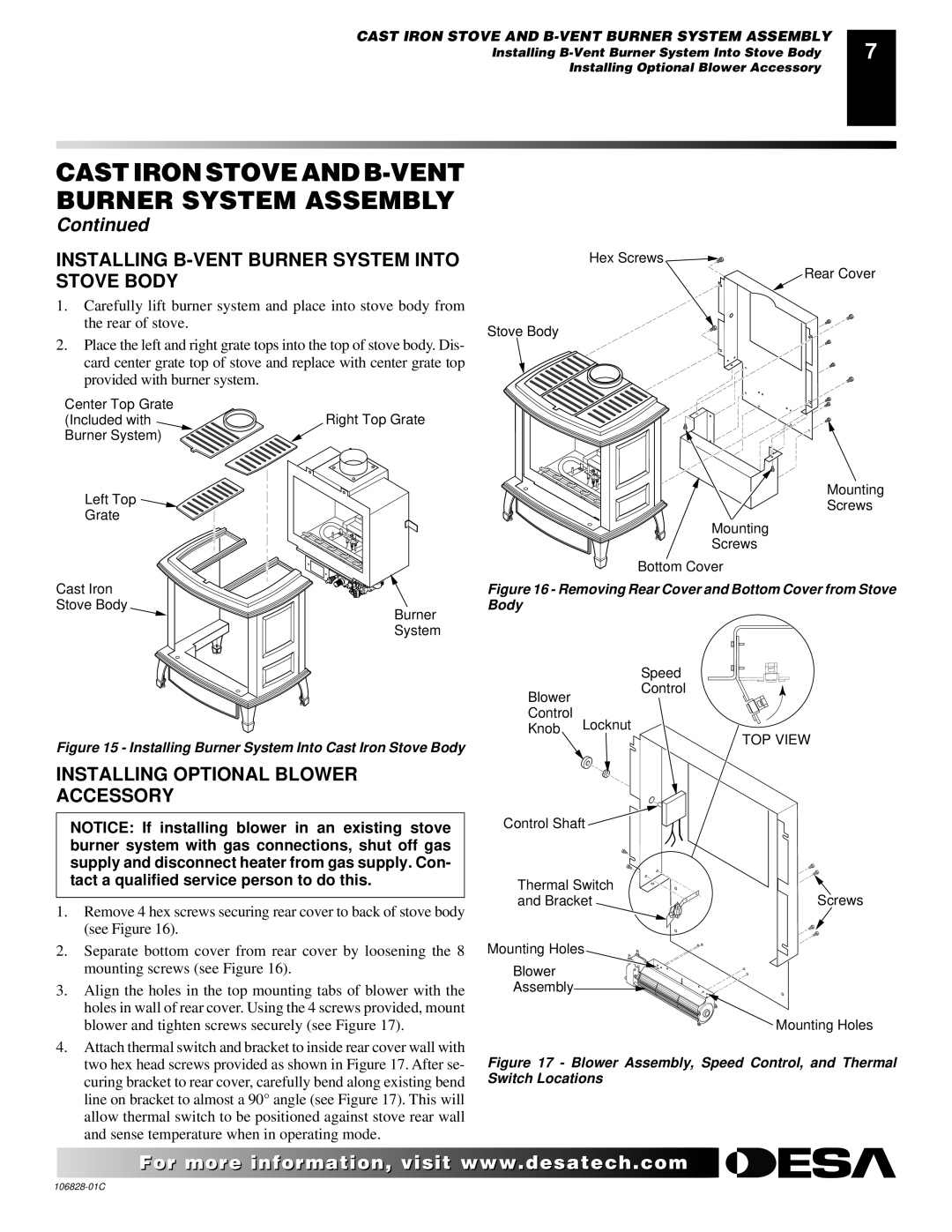 Desa SBVBP(C), SBVBN(C) Installing B-VENT Burner System Into Stove Body, Installing Optional Blower Accessory 