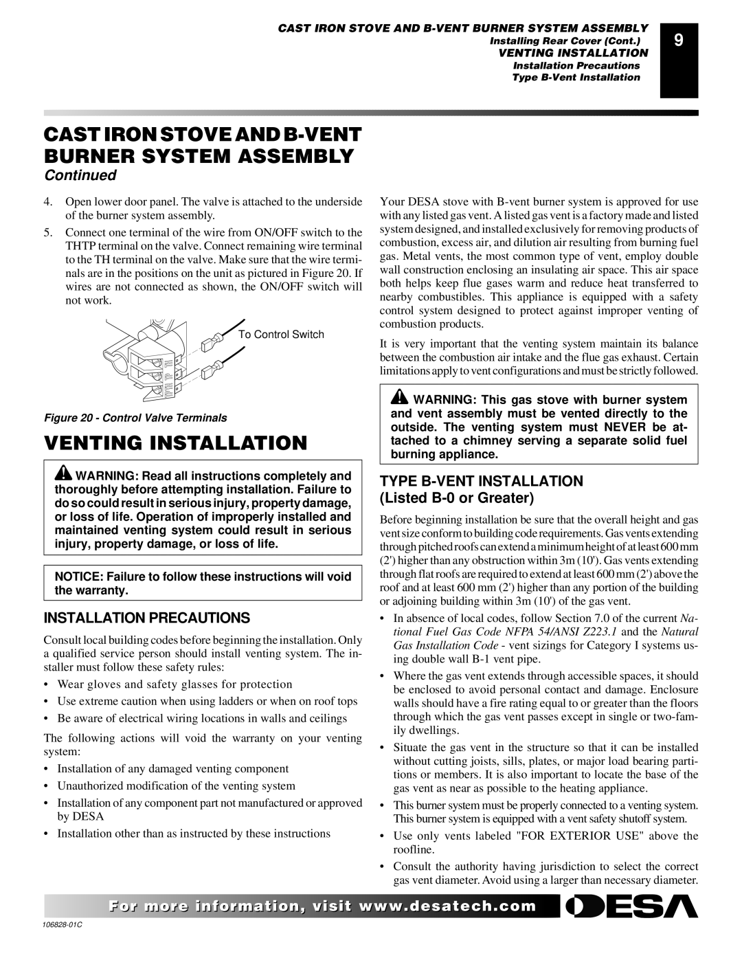 Desa SBVBP(C), SBVBN(C) installation manual Venting Installation, Installation Precautions 