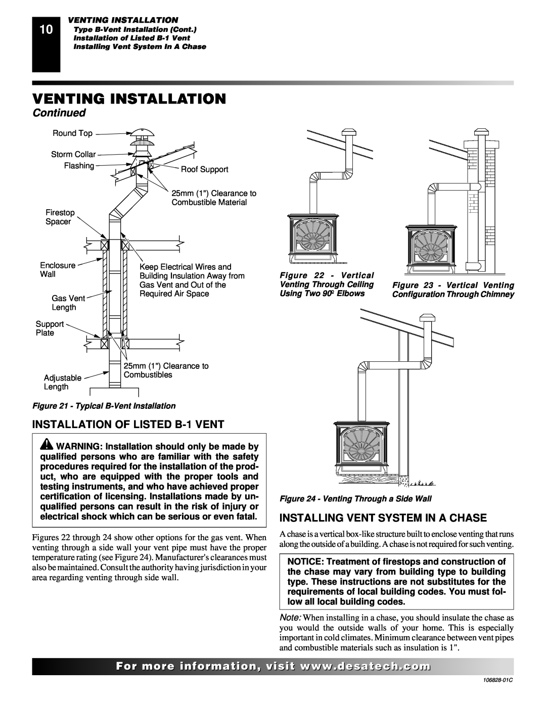 Desa SBVBN(C) INSTALLATION OF LISTED B-1 VENT, Installing Vent System In A Chase, Venting Installation, Continued 