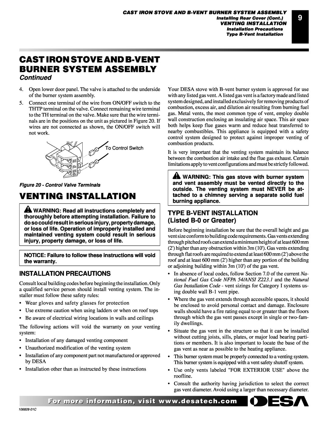 Desa SBVBP(C) Venting Installation, Installation Precautions, TYPE B-VENT INSTALLATION Listed B-0 or Greater, Continued 