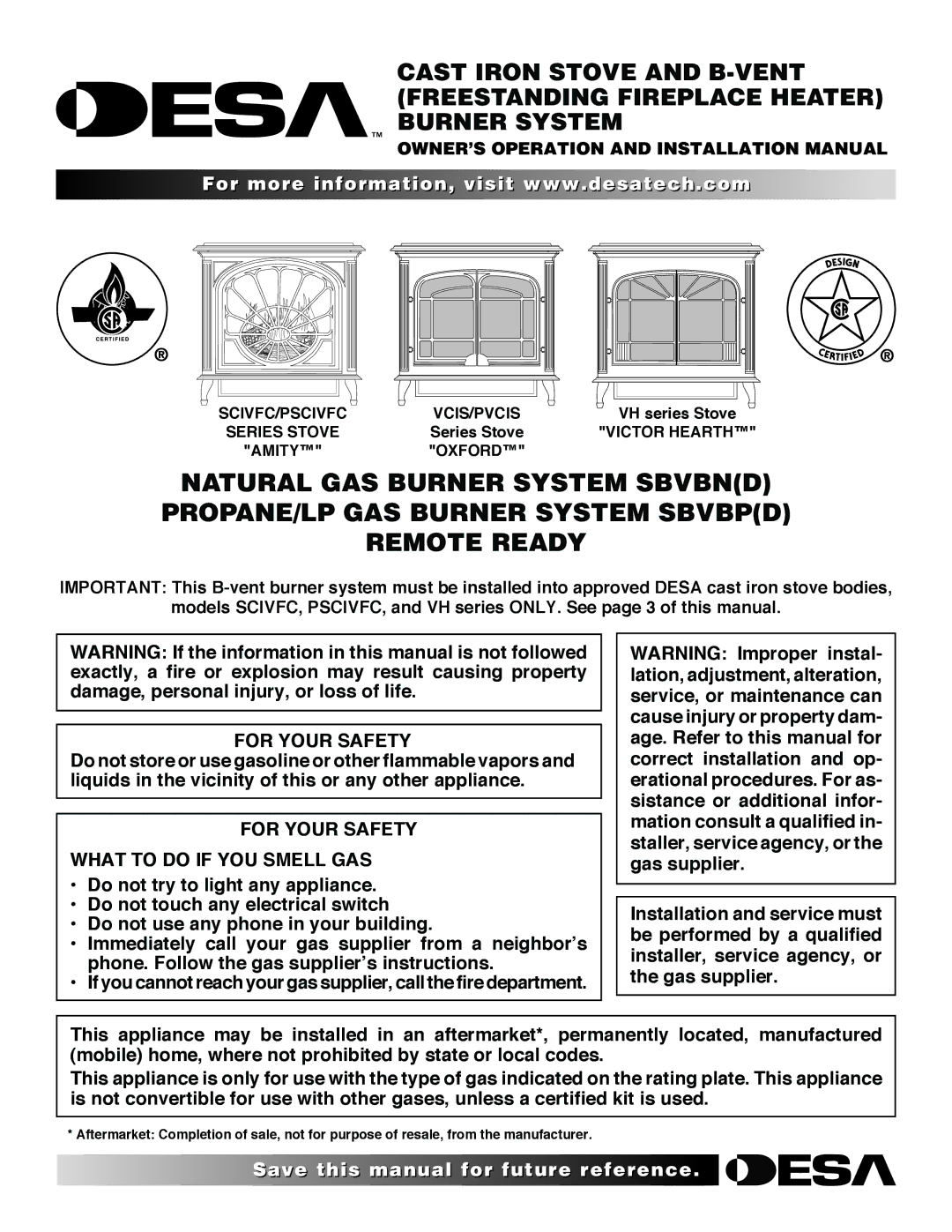 Desa SBVBP installation manual For Your Safety What to do if YOU Smell GAS, VH series Stove, Series Stove 