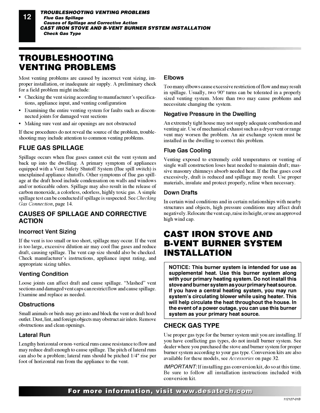 Desa SBVBP Troubleshooting Venting Problems, Cast Iron Stove and B-VENT Burner System Installation, Flue GAS Spillage 