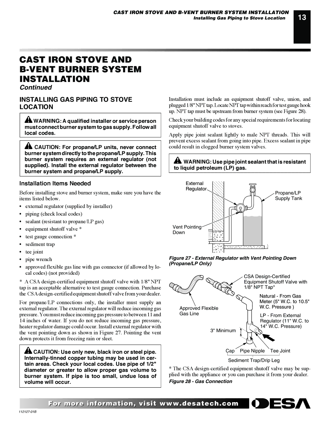 Desa SBVBP installation manual Installing GAS Piping to Stove Location, Installation Items Needed 