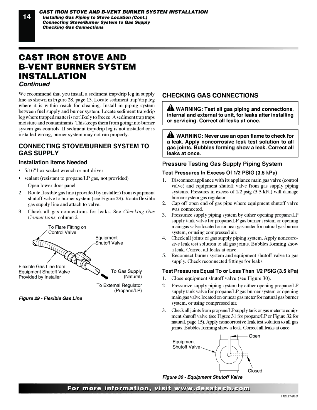 Desa SBVBP installation manual Connecting STOVE/BURNER System to GAS Supply, Checking GAS Connections 