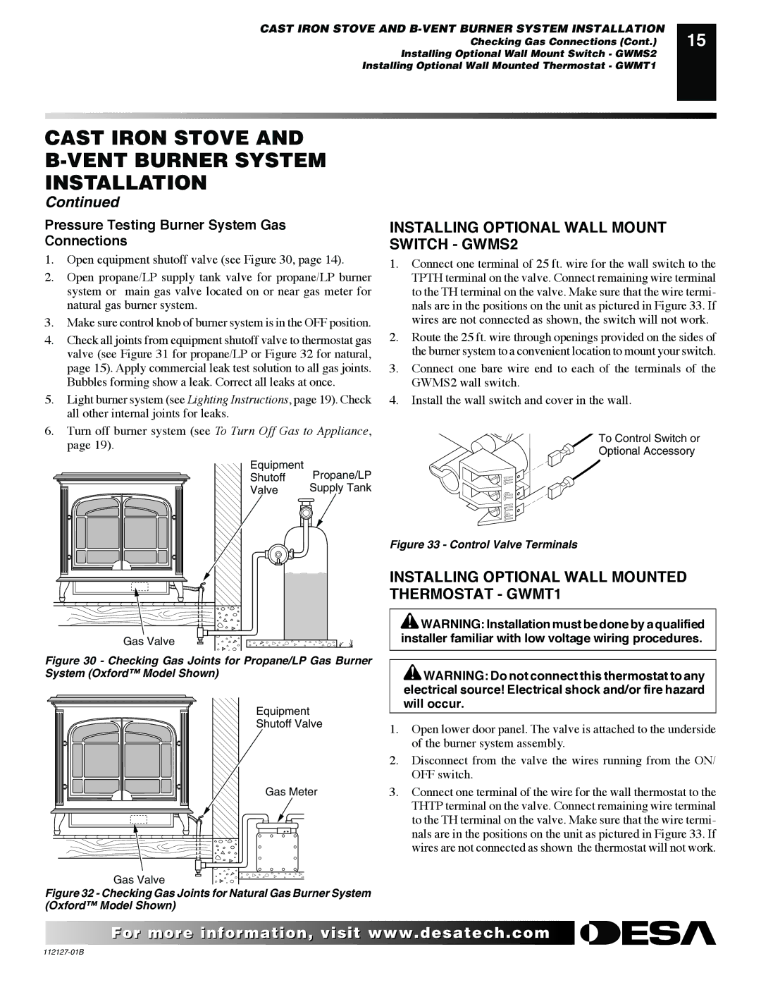 Desa SBVBP Installing Optional Wall Mount Switch GWMS2, Installing Optional Wall Mounted Thermostat GWMT1, Will occur 